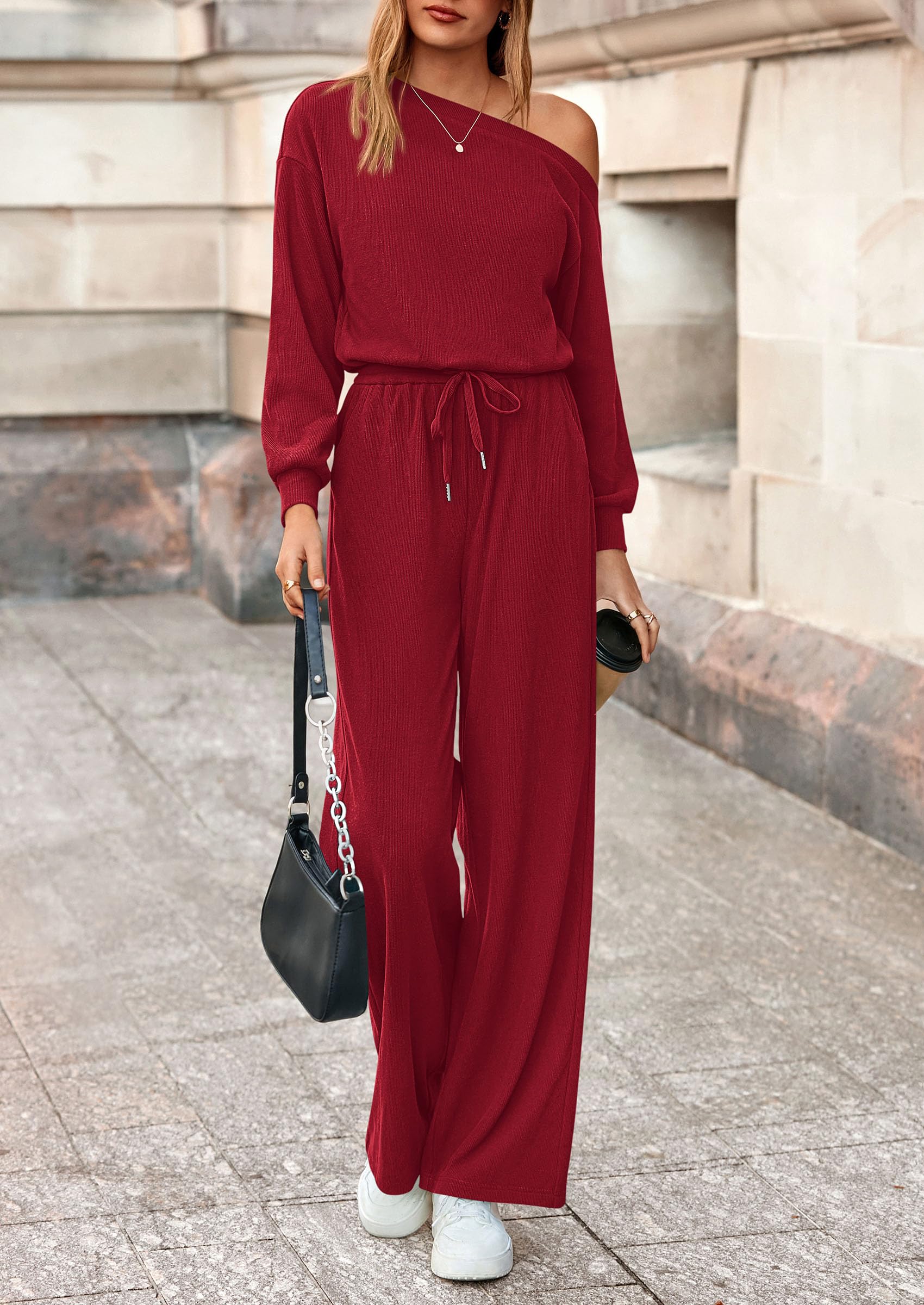 PRETTYGARDEN Long Sleeve Jumpsuit For Women Dressy Off Shoulder One Piece Loose Wide Leg Jumpsuits Casual Flowy Romper - Image 7