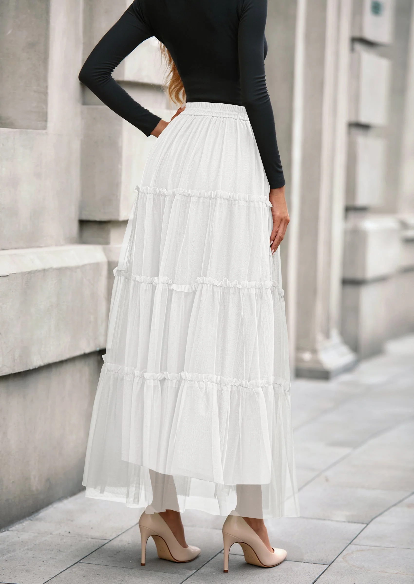 PRETTYGARDEN Maxi Skirts for Women Fall Tulle High Waisted Ruffle Flowy A-Line Long Skirt Country Concert Outfits - Image 10