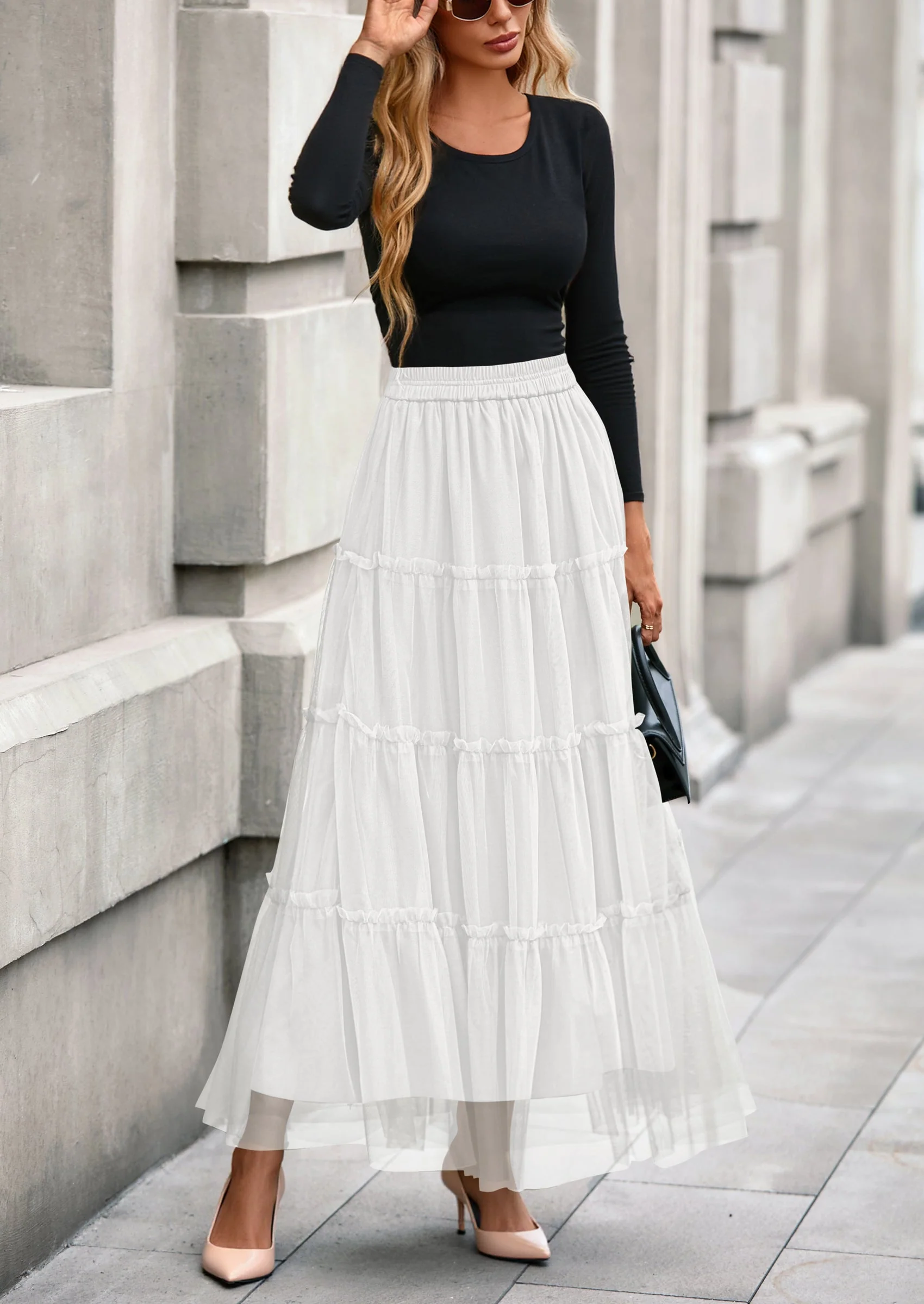 PRETTYGARDEN Maxi Skirts for Women Fall Tulle High Waisted Ruffle Flowy A-Line Long Skirt Country Concert Outfits - Image 11