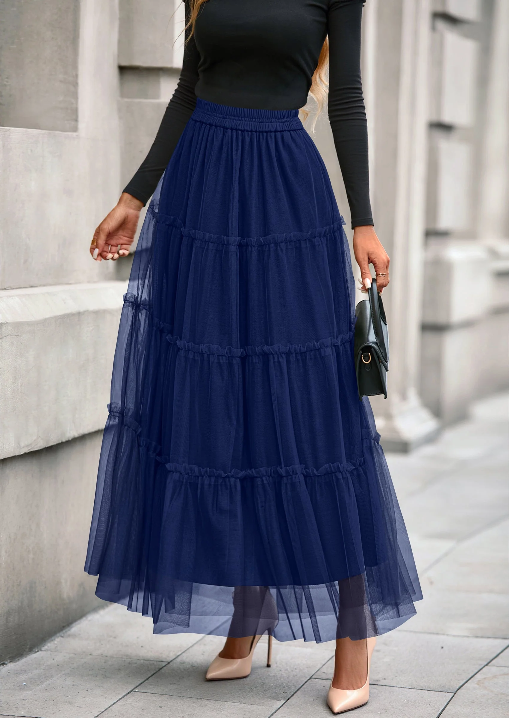 PRETTYGARDEN Maxi Skirts for Women Fall Tulle High Waisted Ruffle Flowy A-Line Long Skirt Country Concert Outfits - Image 13