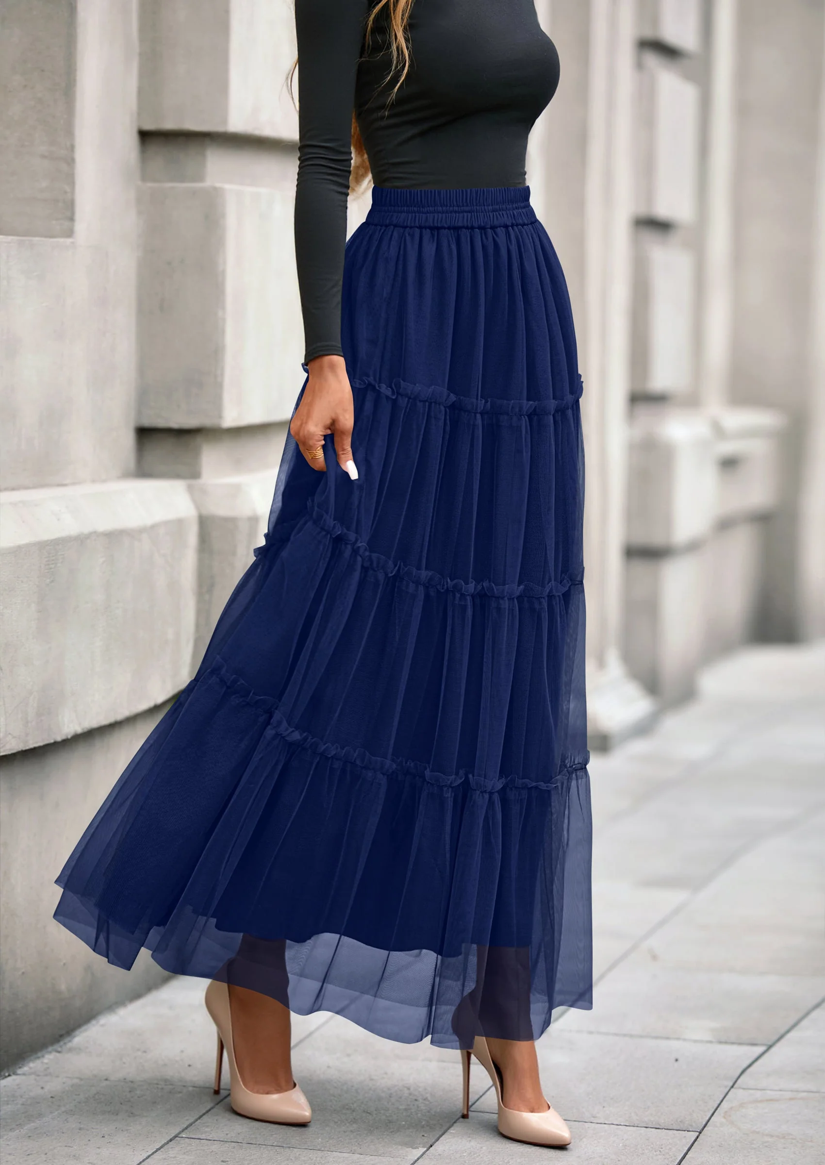 PRETTYGARDEN Maxi Skirts for Women Fall Tulle High Waisted Ruffle Flowy A-Line Long Skirt Country Concert Outfits - Image 14
