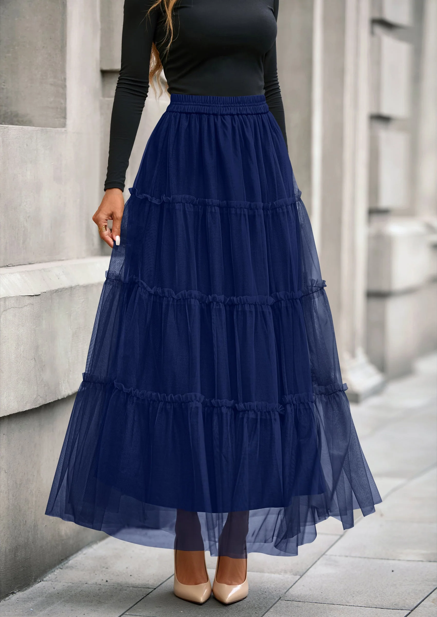 PRETTYGARDEN Maxi Skirts for Women Fall Tulle High Waisted Ruffle Flowy A-Line Long Skirt Country Concert Outfits - Image 15