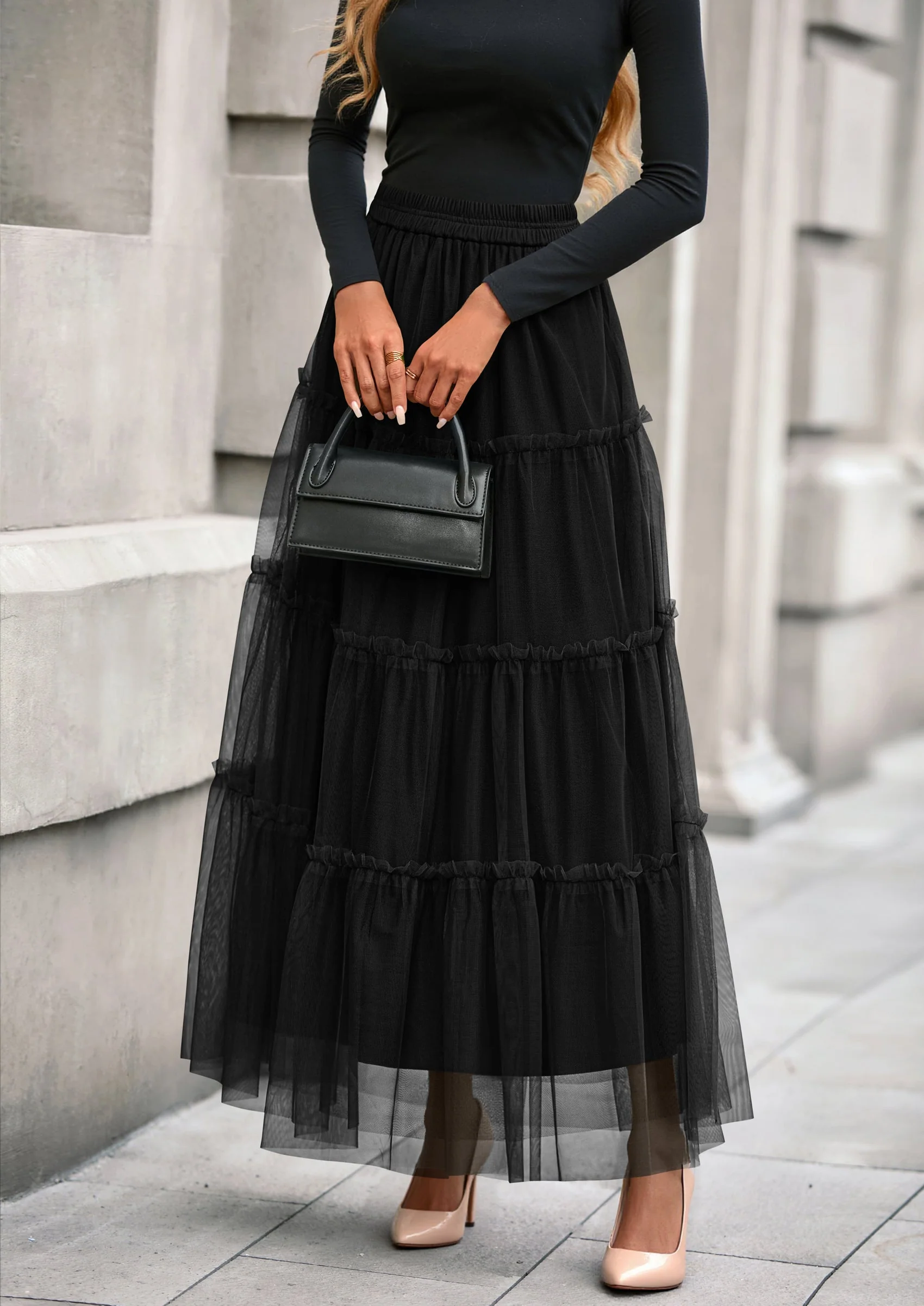 PRETTYGARDEN Maxi Skirts for Women Fall Tulle High Waisted Ruffle Flowy A-Line Long Skirt Country Concert Outfits - Image 18