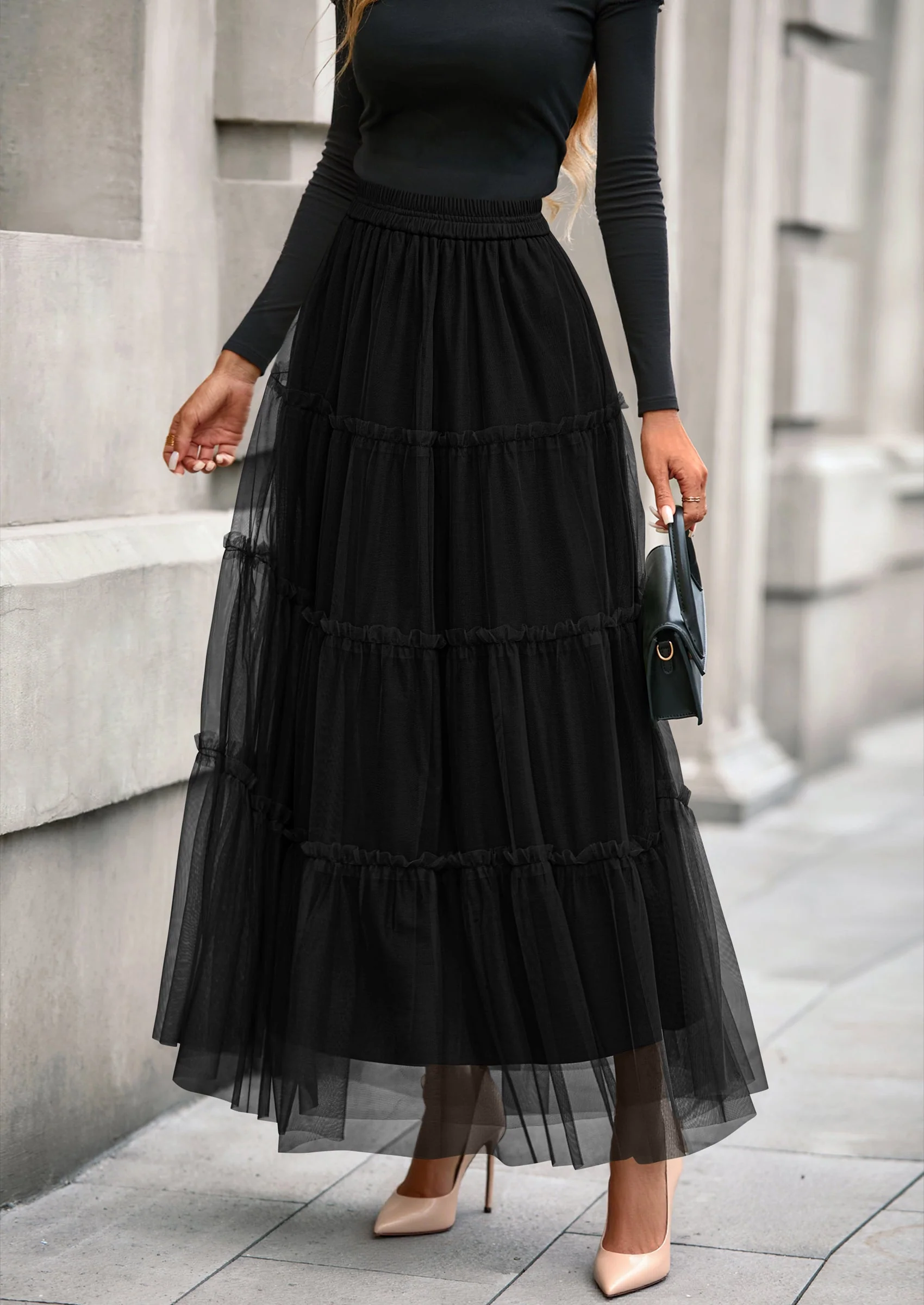 PRETTYGARDEN Maxi Skirts for Women Fall Tulle High Waisted Ruffle Flowy A-Line Long Skirt Country Concert Outfits - Image 19