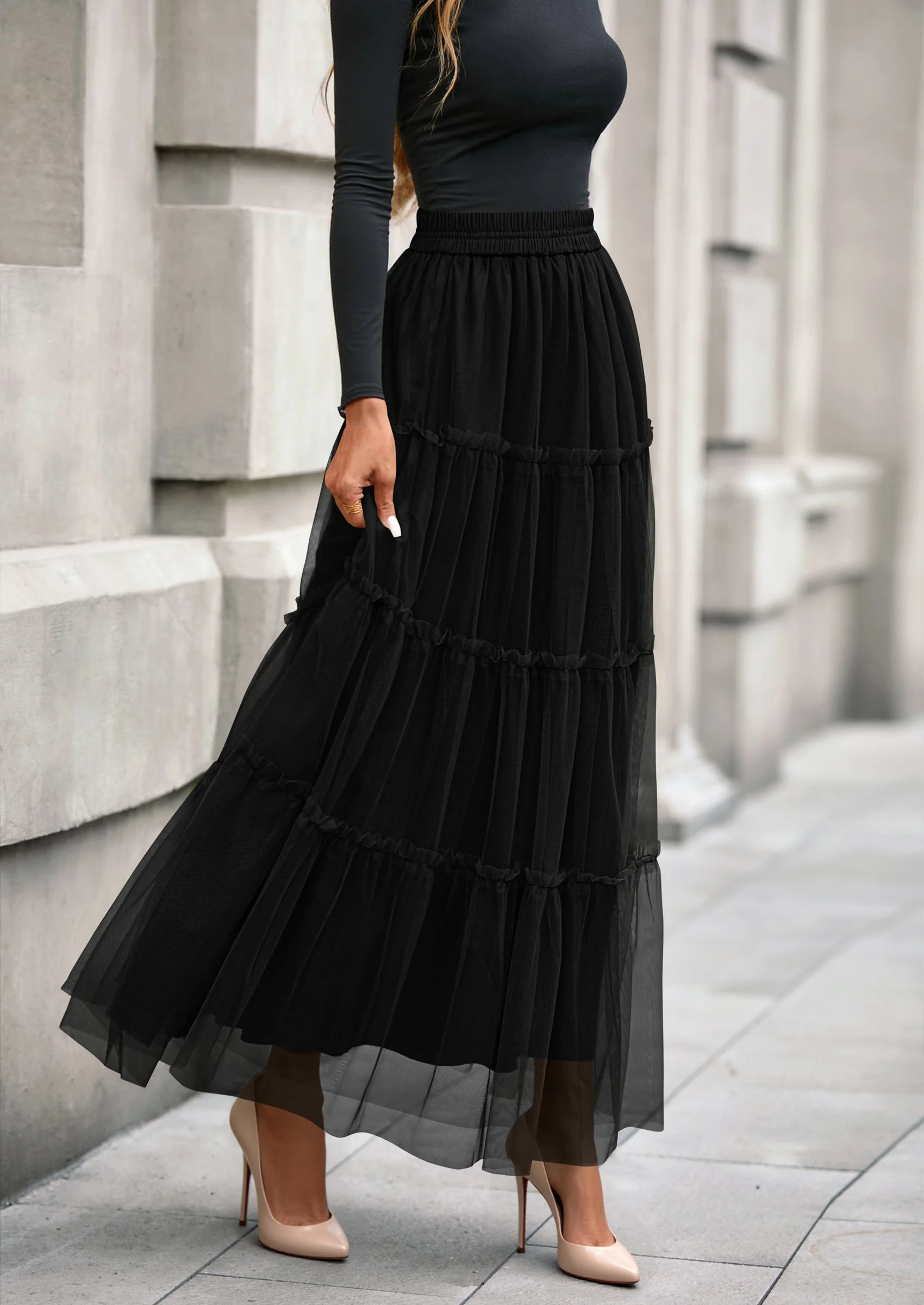 PRETTYGARDEN Maxi Skirts for Women Fall Tulle High Waisted Ruffle Flowy A-Line Long Skirt Country Concert Outfits - Image 20
