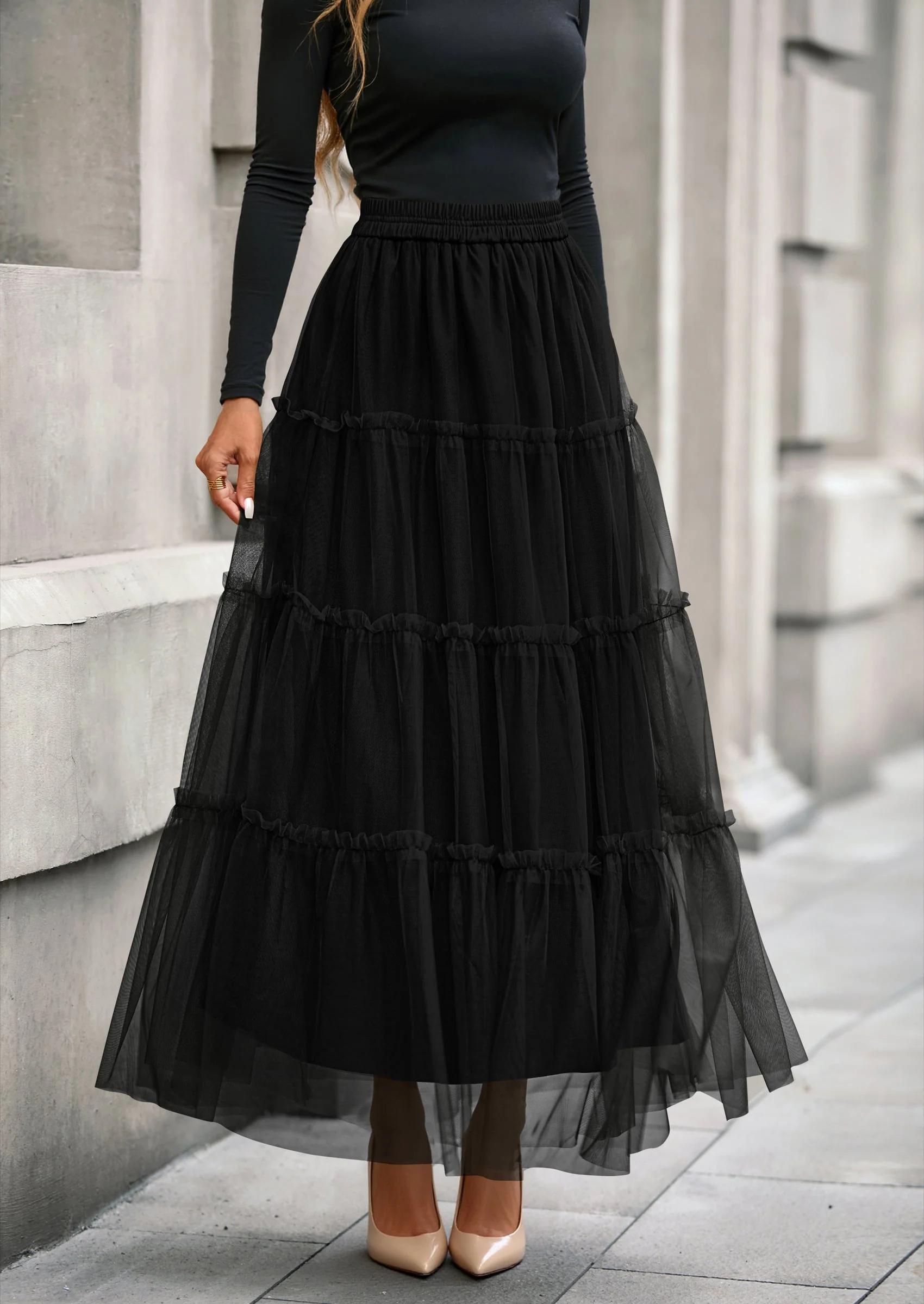 PRETTYGARDEN Maxi Skirts for Women Fall Tulle High Waisted Ruffle Flowy A-Line Long Skirt Country Concert Outfits - Image 21
