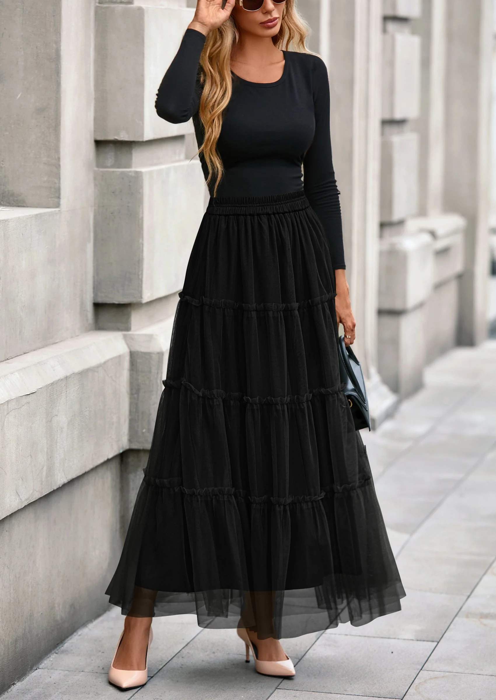 PRETTYGARDEN Maxi Skirts for Women Fall Tulle High Waisted Ruffle Flowy A-Line Long Skirt Country Concert Outfits - Image 23