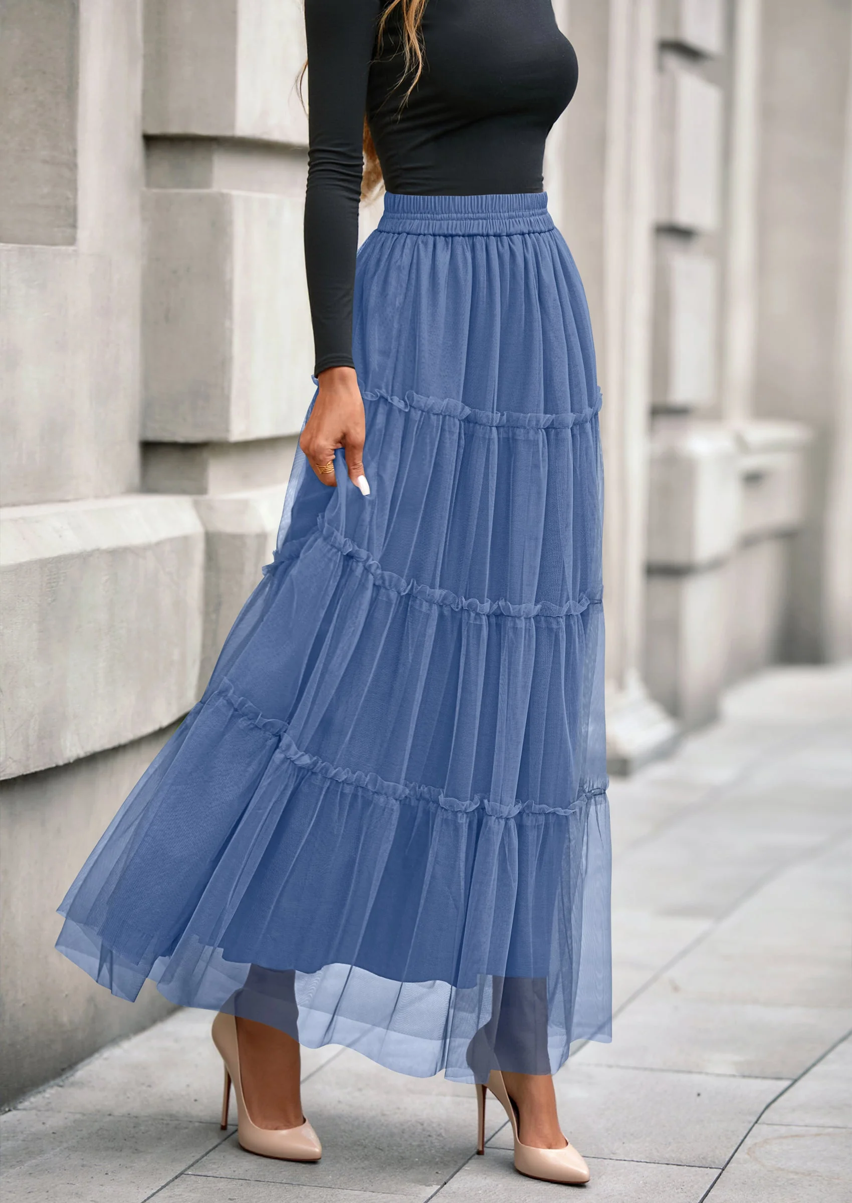 PRETTYGARDEN Maxi Skirts for Women Fall Tulle High Waisted Ruffle Flowy A-Line Long Skirt Country Concert Outfits - Image 26