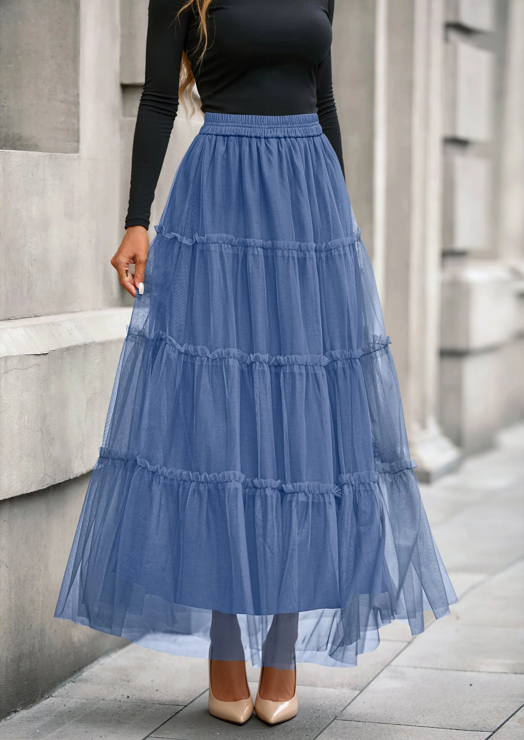 PRETTYGARDEN Maxi Skirts for Women Fall Tulle High Waisted Ruffle Flowy A-Line Long Skirt Country Concert Outfits - Image 27