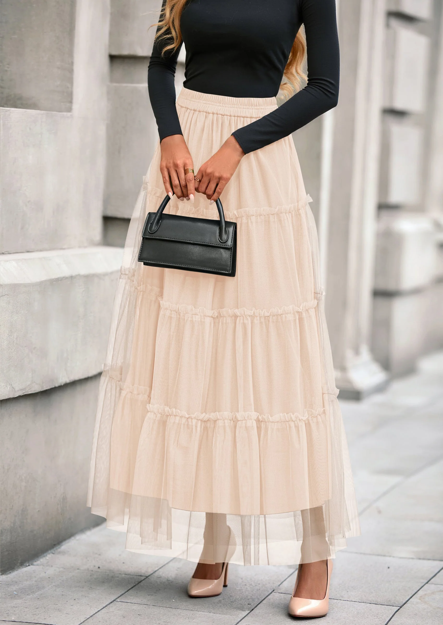 PRETTYGARDEN Maxi Skirts for Women Fall Tulle High Waisted Ruffle Flowy A-Line Long Skirt Country Concert Outfits - Image 3