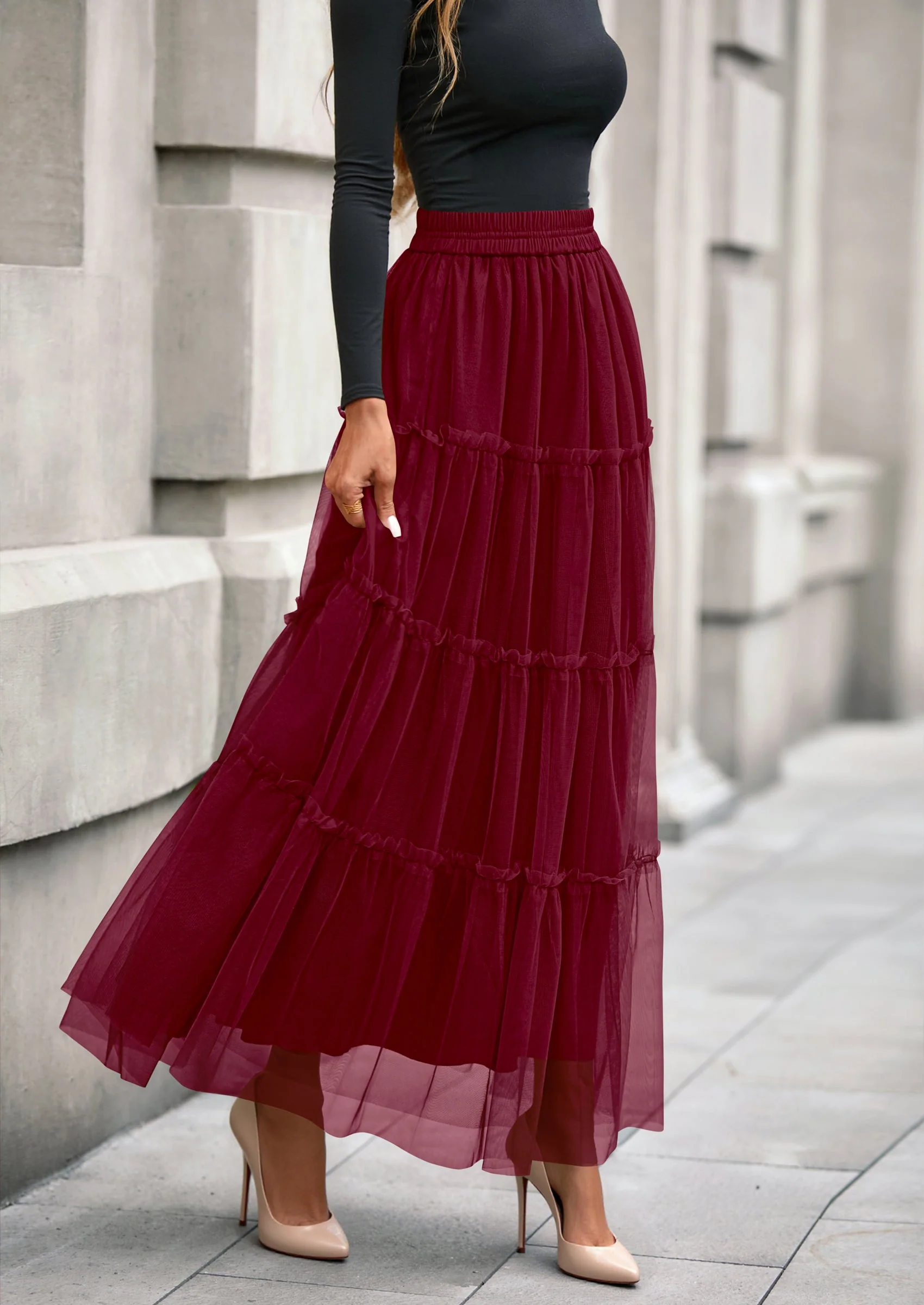 PRETTYGARDEN Maxi Skirts for Women Fall Tulle High Waisted Ruffle Flowy A-Line Long Skirt Country Concert Outfits - Image 32