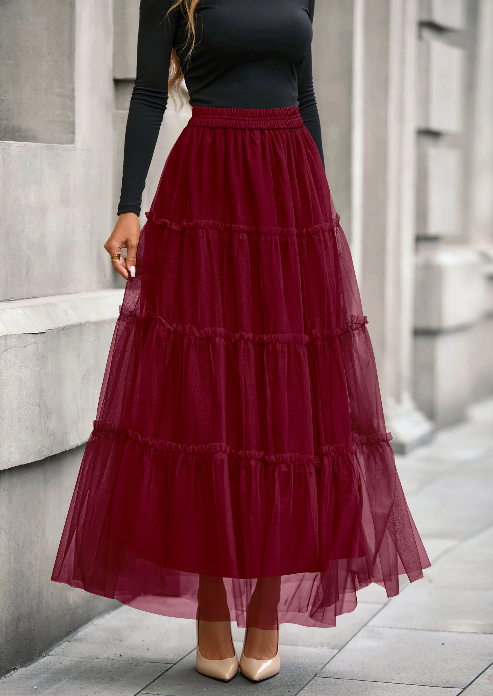 PRETTYGARDEN Maxi Skirts for Women Fall Tulle High Waisted Ruffle Flowy A-Line Long Skirt Country Concert Outfits - Image 33