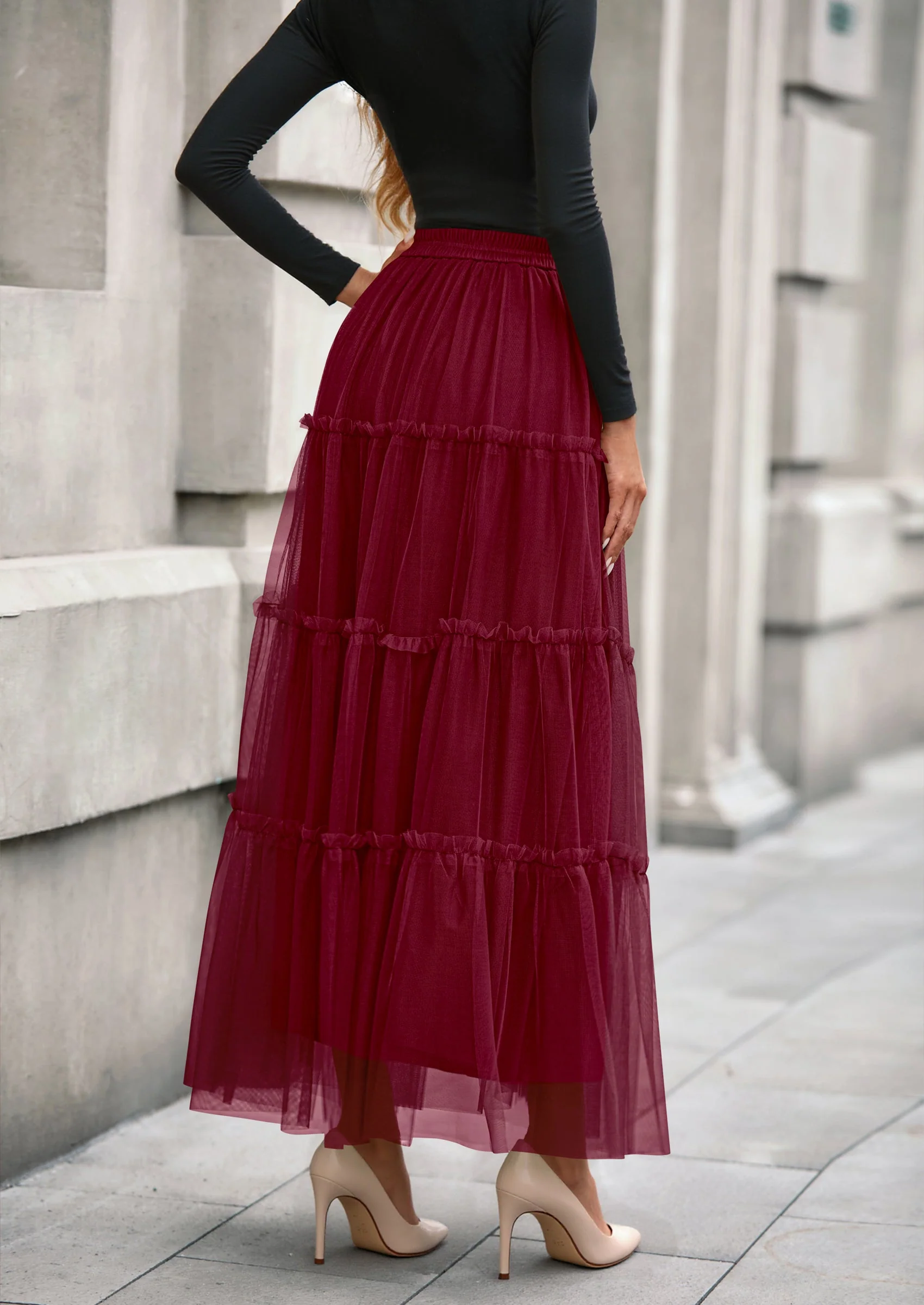 PRETTYGARDEN Maxi Skirts for Women Fall Tulle High Waisted Ruffle Flowy A-Line Long Skirt Country Concert Outfits - Image 34