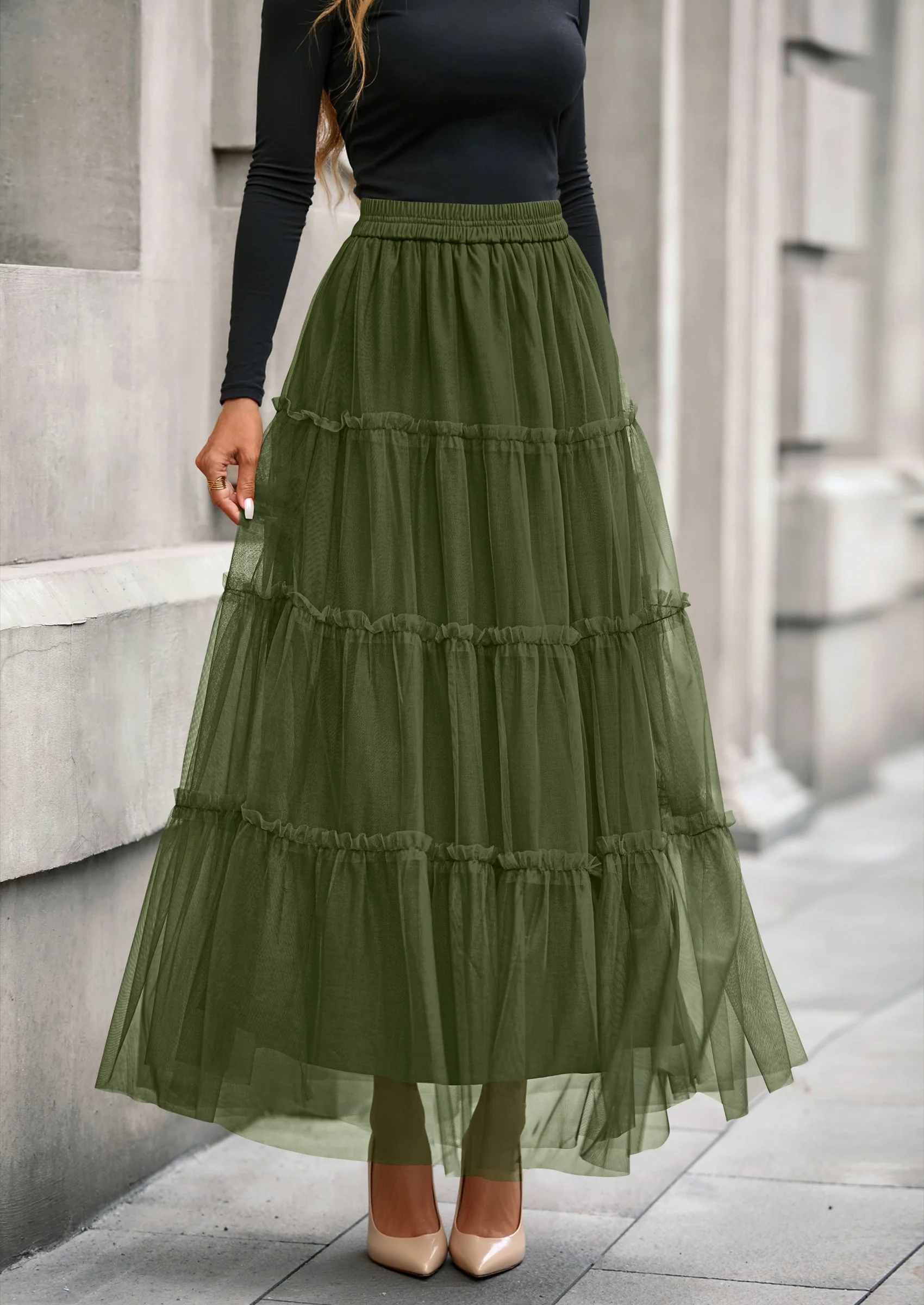 PRETTYGARDEN Maxi Skirts for Women Fall Tulle High Waisted Ruffle Flowy A-Line Long Skirt Country Concert Outfits - Image 39