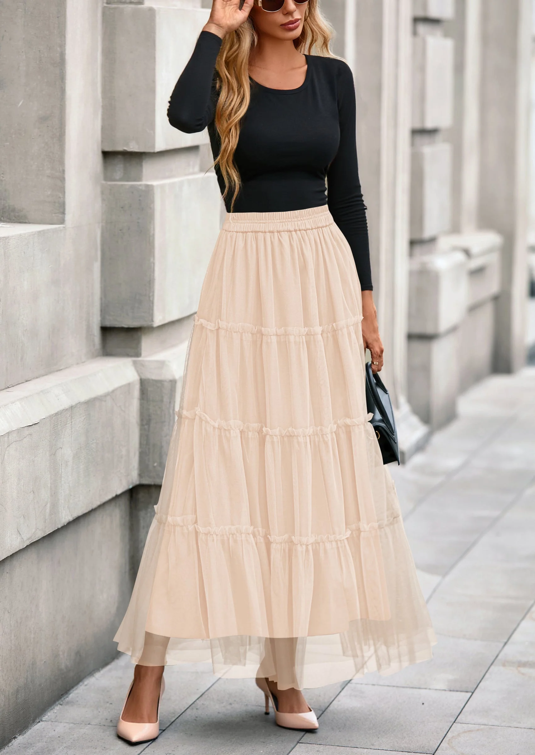 PRETTYGARDEN Maxi Skirts for Women Fall Tulle High Waisted Ruffle Flowy A-Line Long Skirt Country Concert Outfits - Image 4