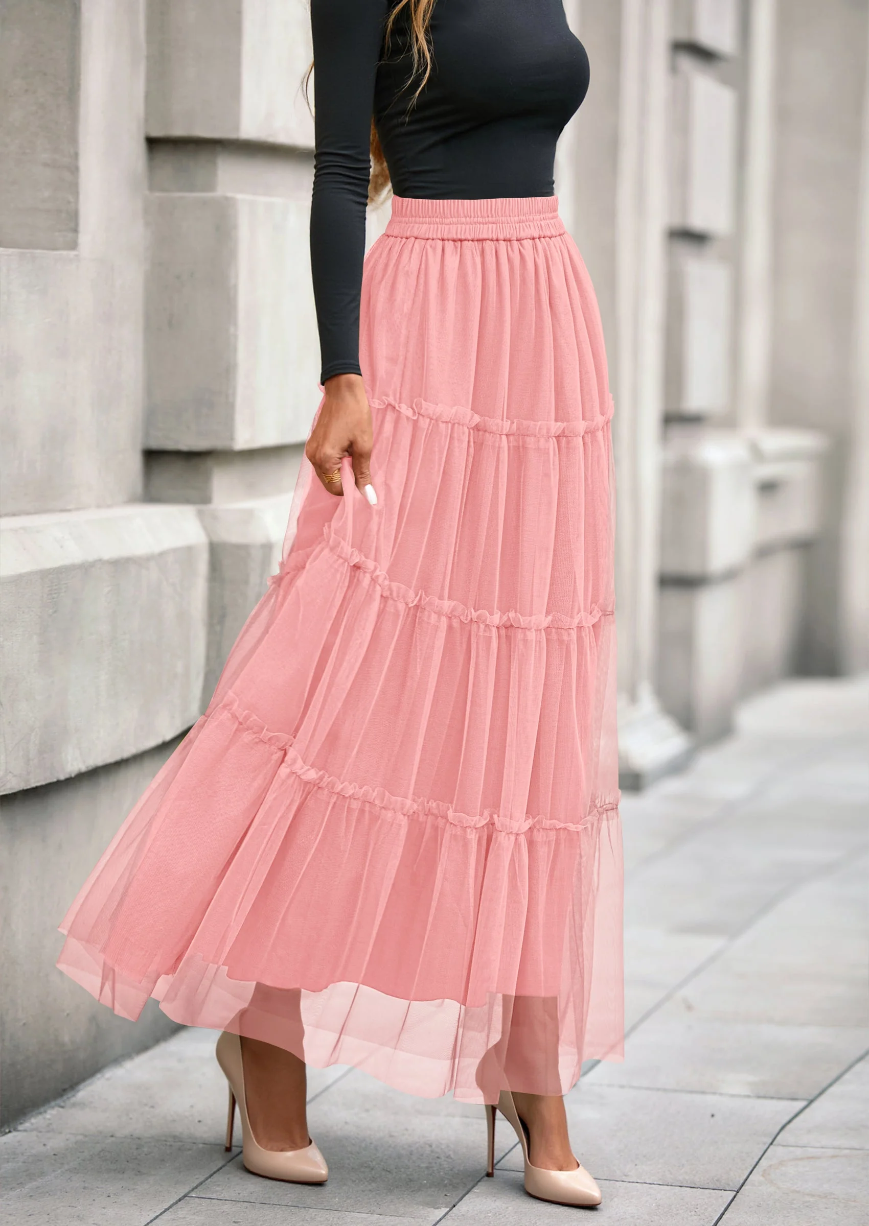PRETTYGARDEN Maxi Skirts for Women Fall Tulle High Waisted Ruffle Flowy A-Line Long Skirt Country Concert Outfits - Image 44