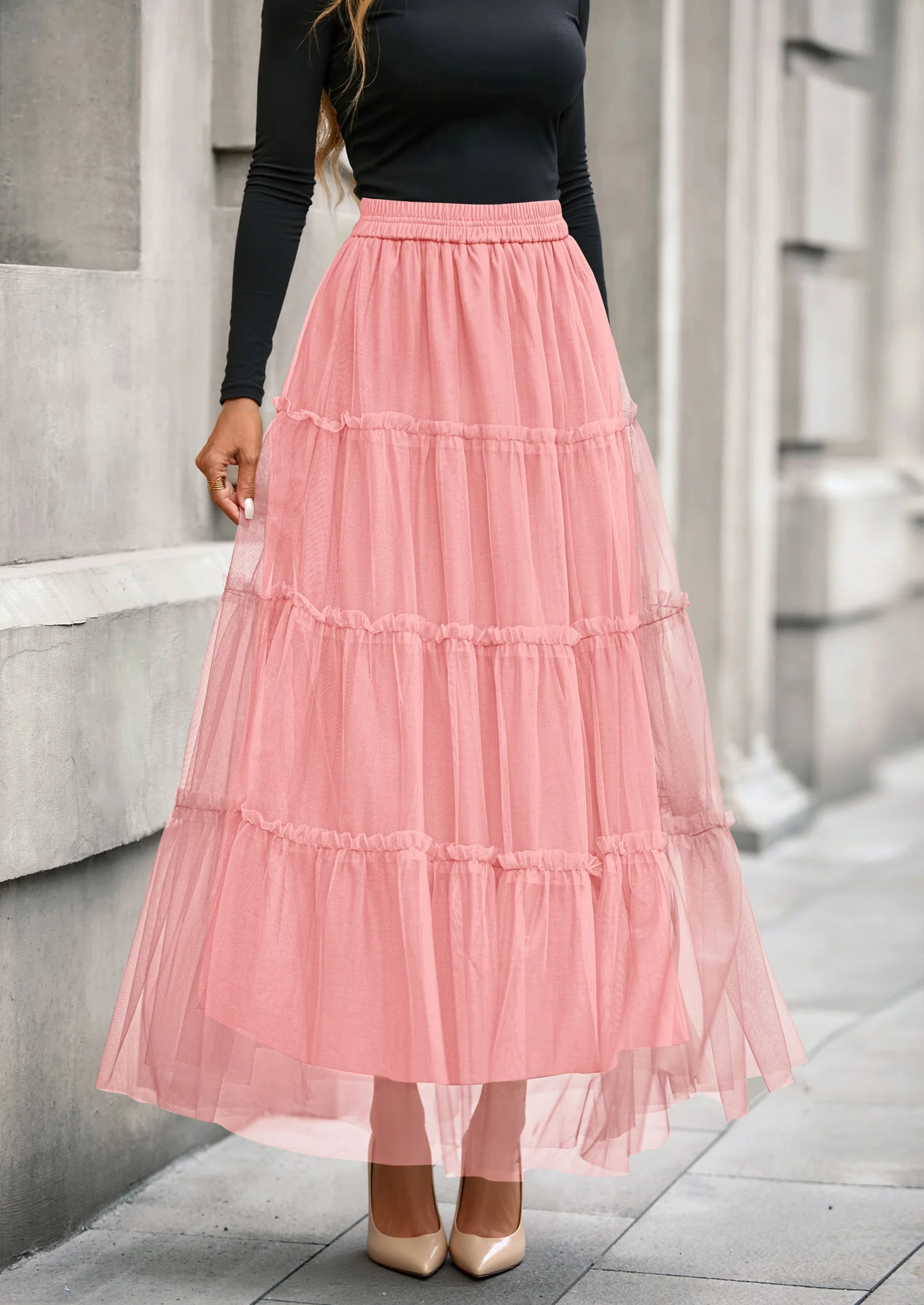 PRETTYGARDEN Maxi Skirts for Women Fall Tulle High Waisted Ruffle Flowy A-Line Long Skirt Country Concert Outfits - Image 45