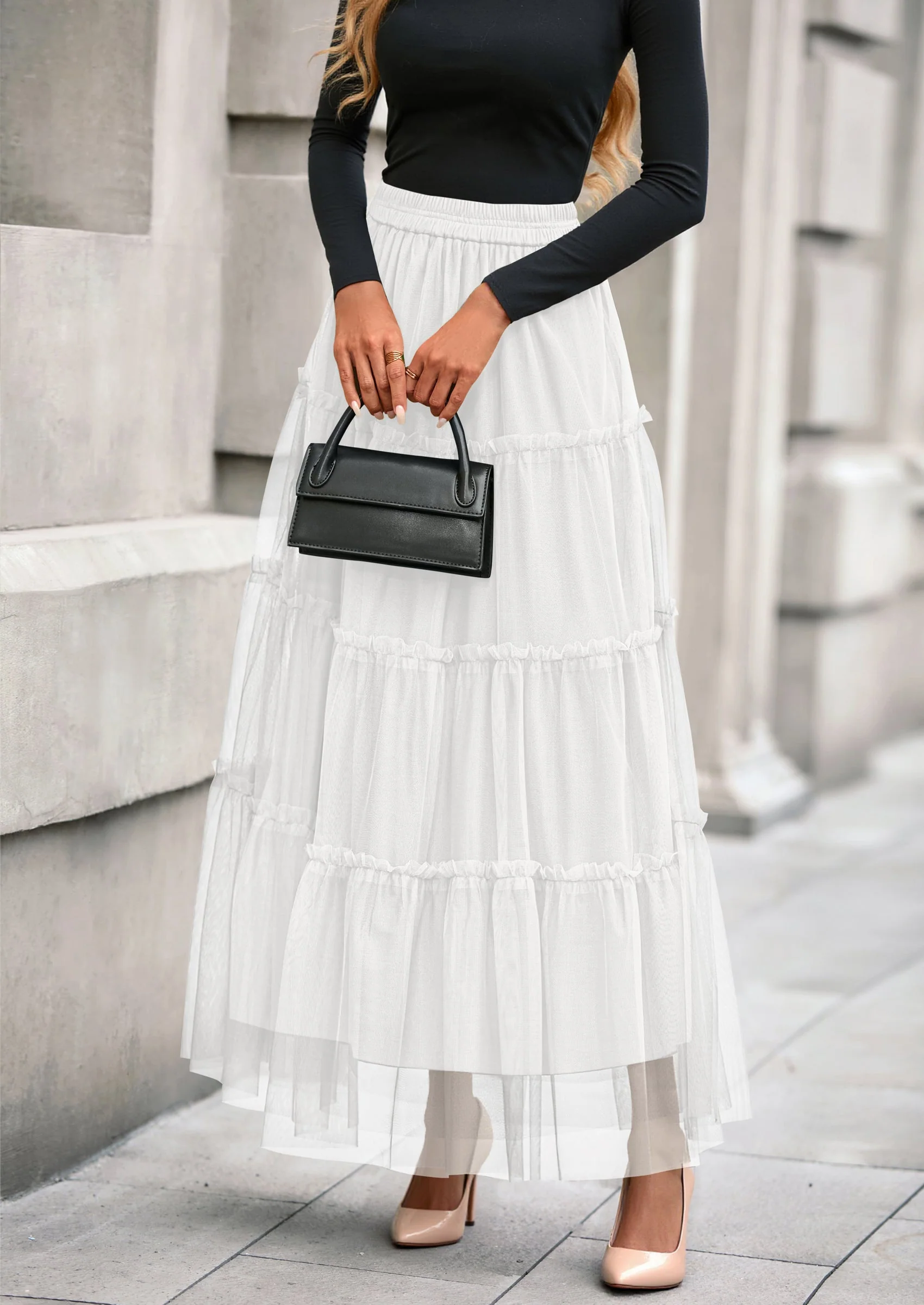 PRETTYGARDEN Maxi Skirts for Women Fall Tulle High Waisted Ruffle Flowy A-Line Long Skirt Country Concert Outfits - Image 5