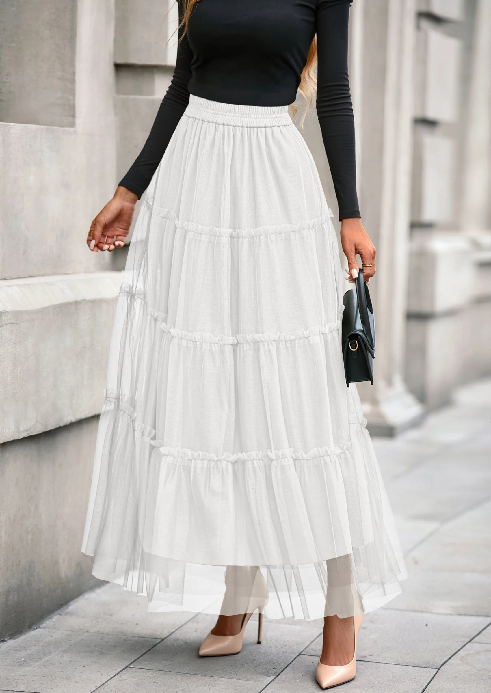 PRETTYGARDEN Maxi Skirts for Women Fall Tulle High Waisted Ruffle Flowy A-Line Long Skirt Country Concert Outfits - Image 7