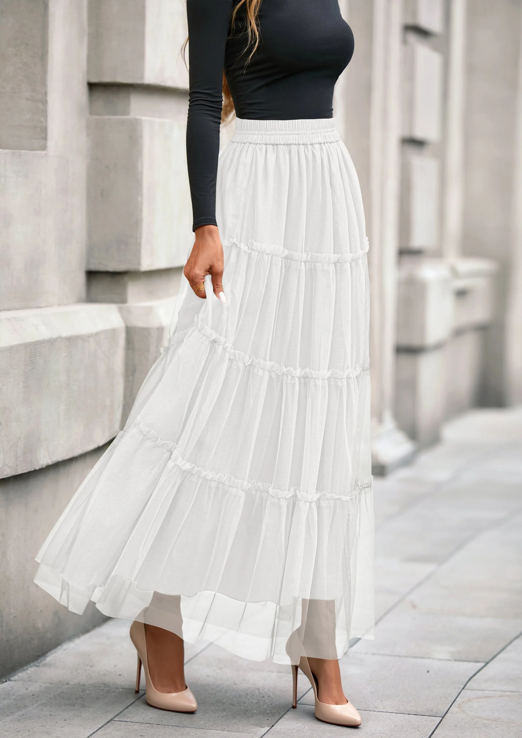 PRETTYGARDEN Maxi Skirts for Women Fall Tulle High Waisted Ruffle Flowy A-Line Long Skirt Country Concert Outfits - Image 8