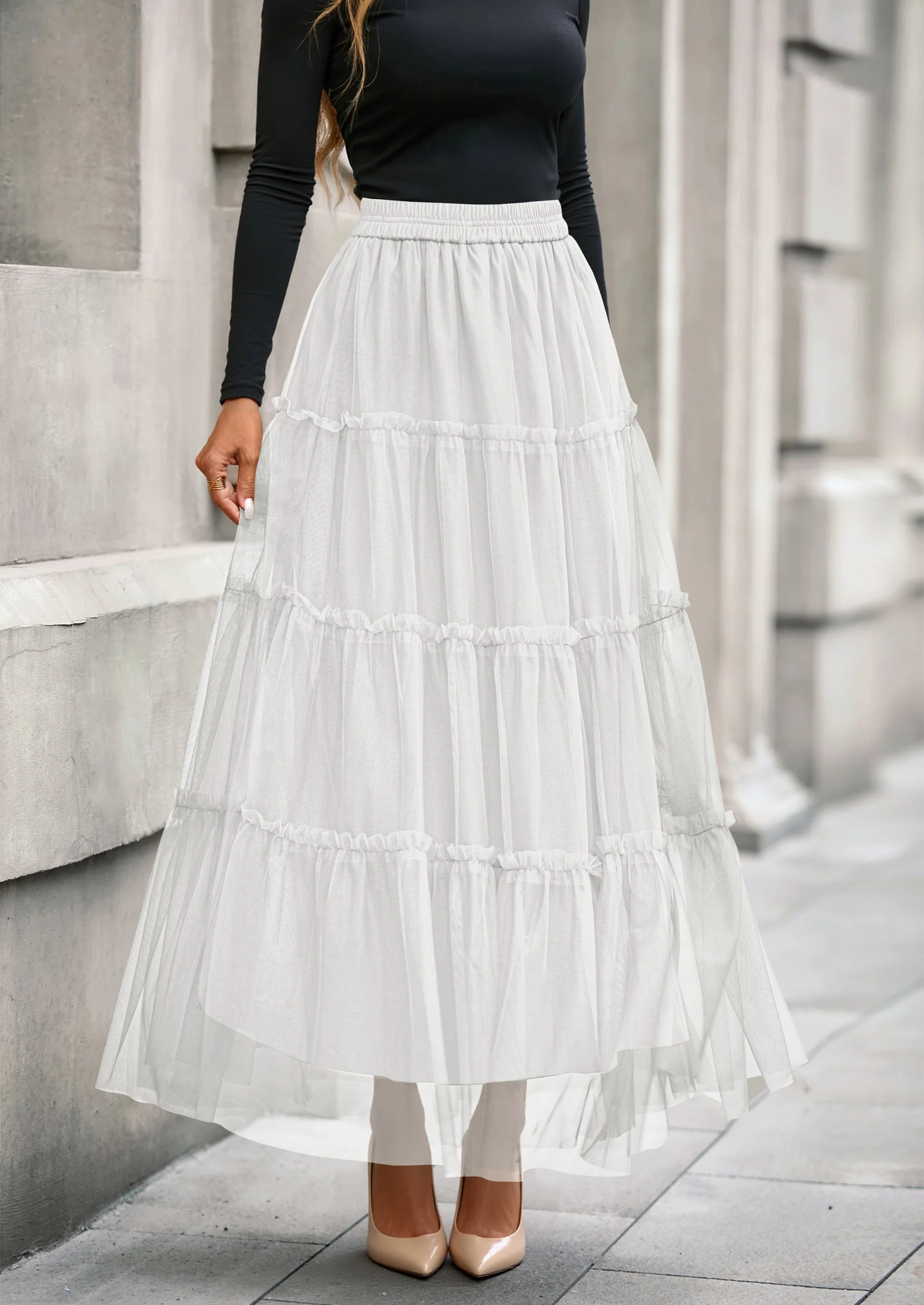 PRETTYGARDEN Maxi Skirts for Women Fall Tulle High Waisted Ruffle Flowy A-Line Long Skirt Country Concert Outfits - Image 9