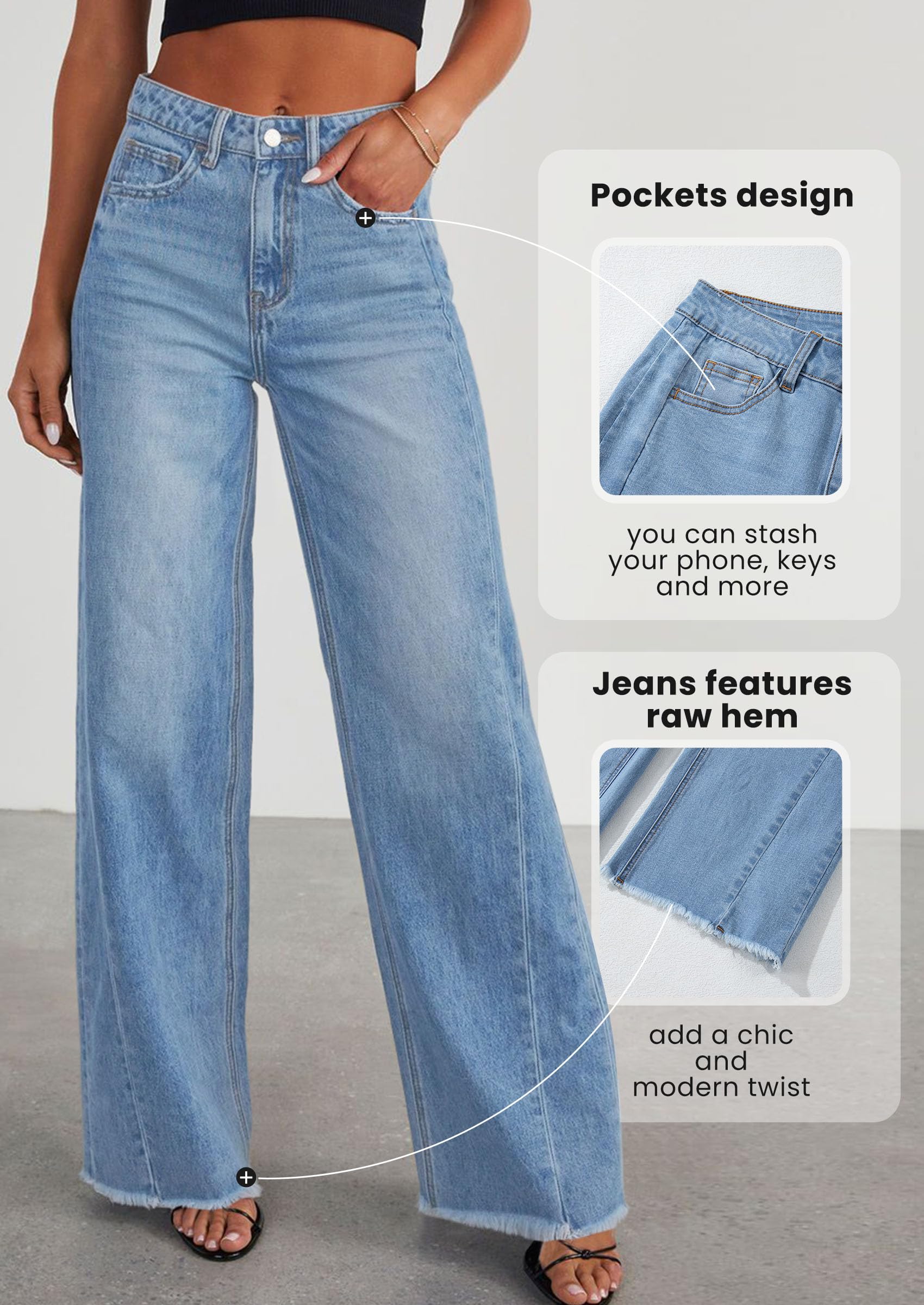 PRETTYGARDEN Wide Leg Jeans for Women Trendy High Waisted Stretchy Baggy Raw Hem Denim Palazzo Pants with Pockets - Image 14