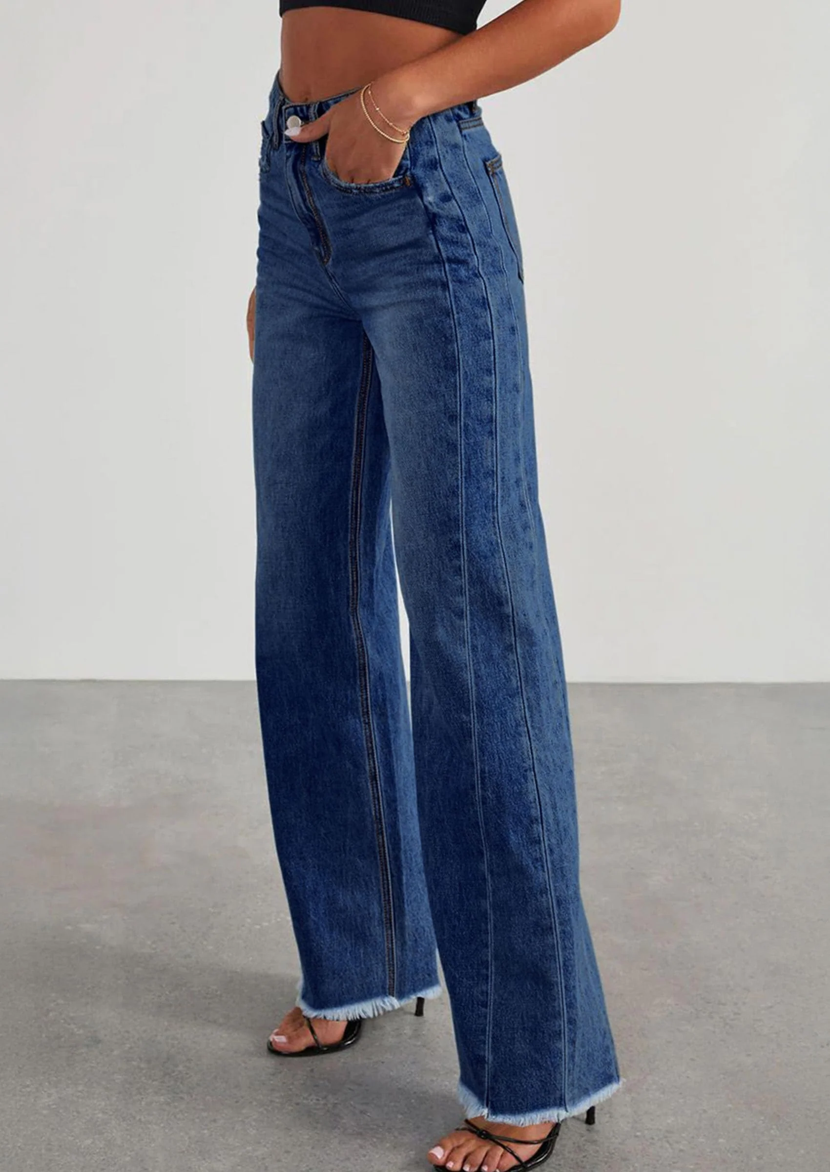 PRETTYGARDEN Wide Leg Jeans for Women Trendy High Waisted Stretchy Baggy Raw Hem Denim Palazzo Pants with Pockets - Image 4