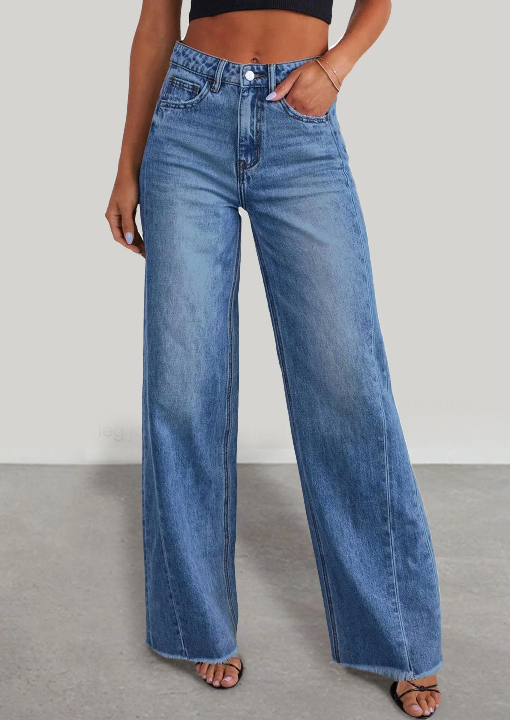 PRETTYGARDEN Wide Leg Jeans for Women Trendy High Waisted Stretchy Baggy Raw Hem Denim Palazzo Pants with Pockets - Image 7