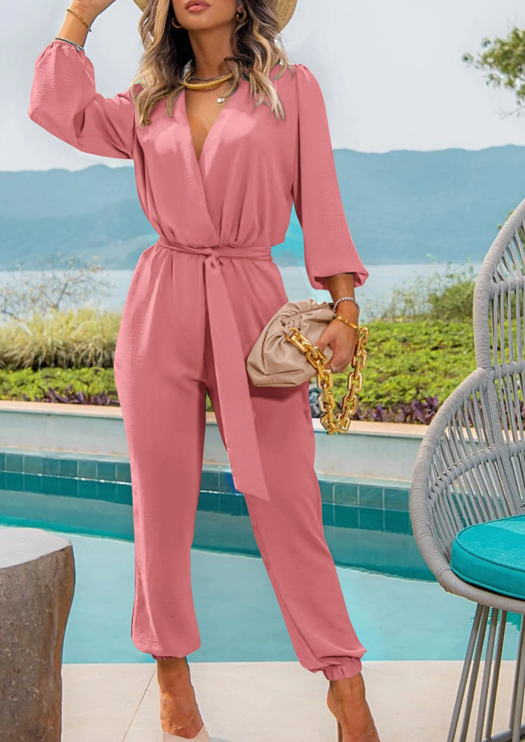 PRETTYGARDEN Women's Fall Jumpsuits Dressy Casual Pants Romper Spring Long Sleeve V Neck Belt Pockets One Piece Outfits - Image 76