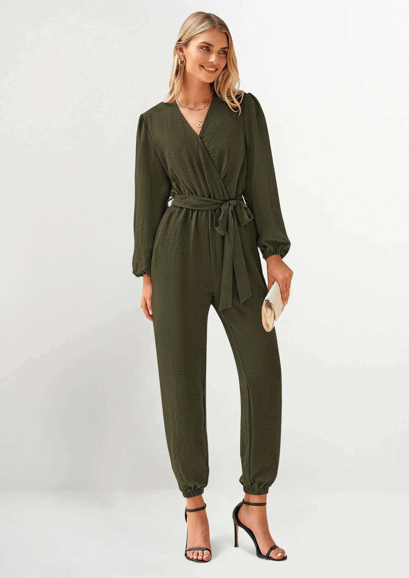 PRETTYGARDEN Women's Fall Jumpsuits Dressy Casual Pants Romper Spring Long Sleeve V Neck Belt Pockets One Piece Outfits - Image 9