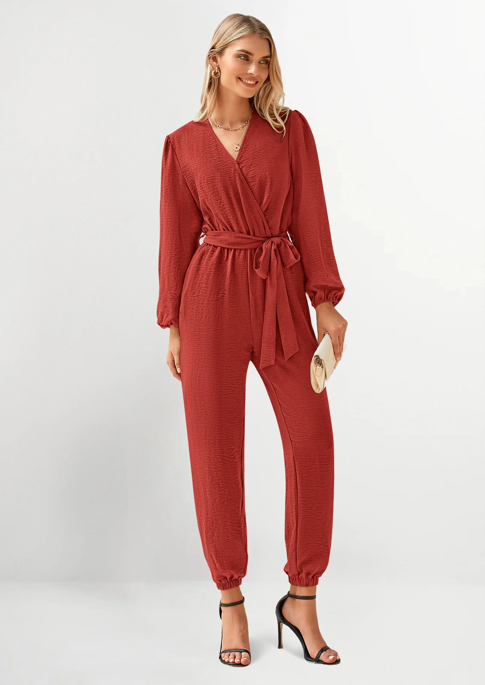 PRETTYGARDEN Women's Fall Jumpsuits Dressy Casual Pants Romper Spring Long Sleeve V Neck Belt Pockets One Piece Outfits - Image 95