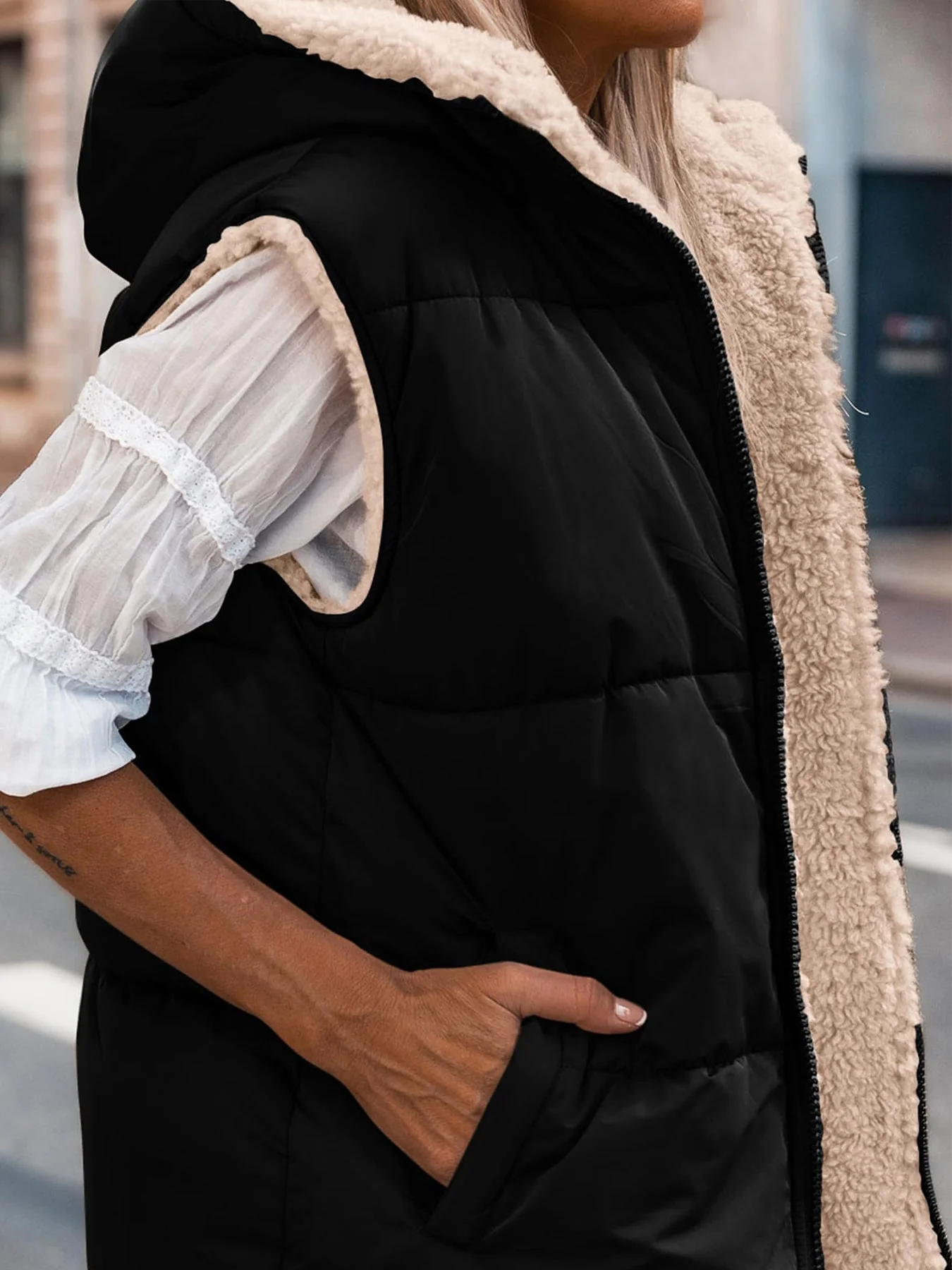 PRETTYGARDEN Womens Fall Reversible Vests Sleeveless Fleece Jacket Zip Up Hoodie Pockets Long Warm Winter Coat Outerwear - Image 16