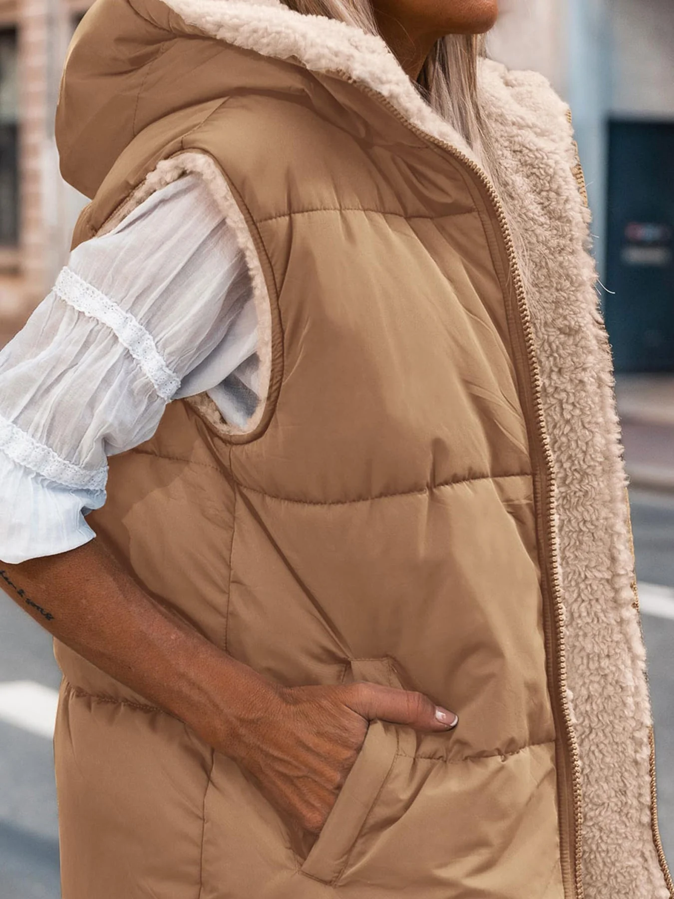 PRETTYGARDEN Womens Fall Reversible Vests Sleeveless Fleece Jacket Zip Up Hoodie Pockets Long Warm Winter Coat Outerwear - Image 6