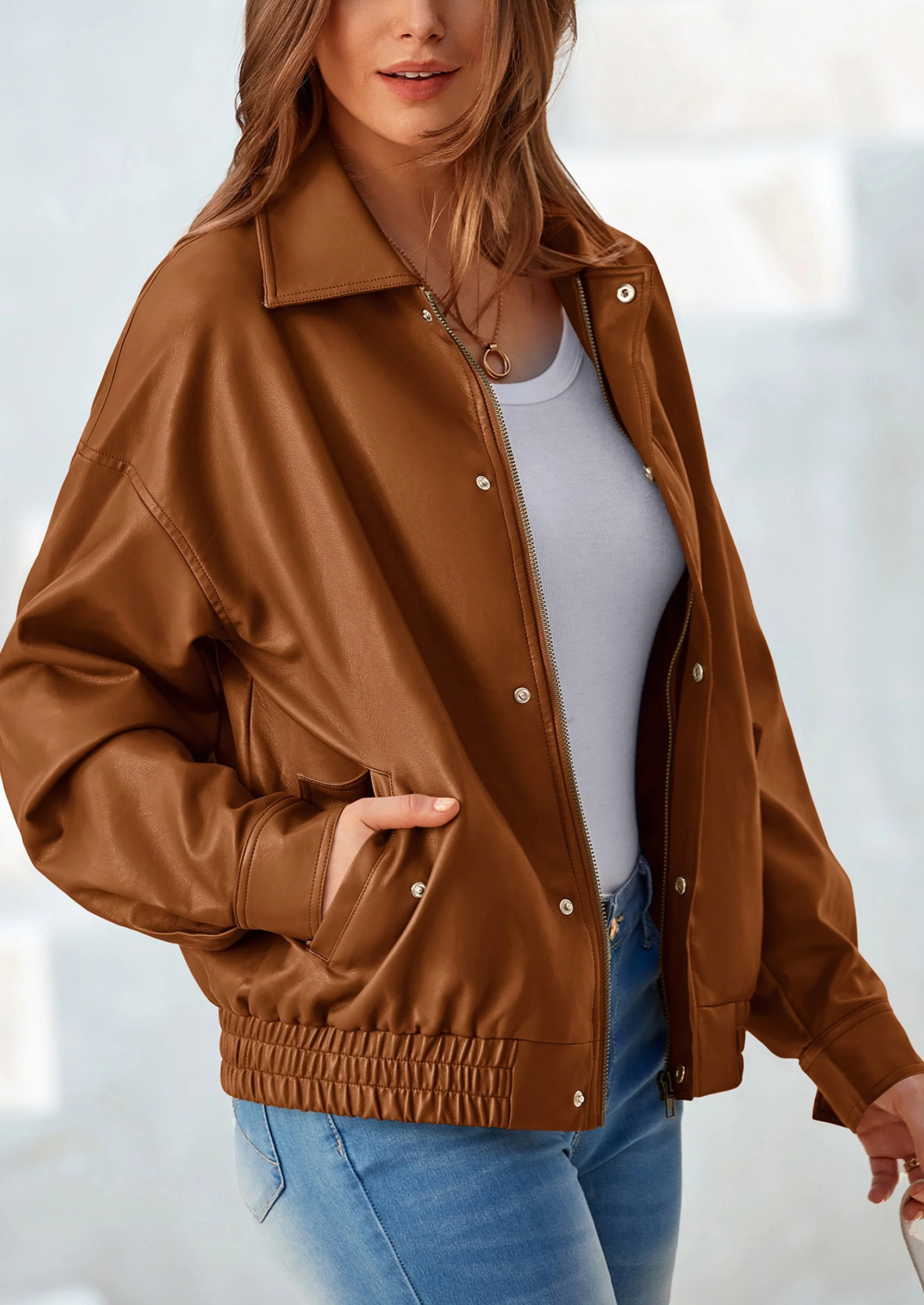 PRETTYGARDEN Women's Faux Leather Motorcycle Jacket Trendy Fall Spring Clothes Oversized Zip Up Winter Coat Outerwear - Image 4