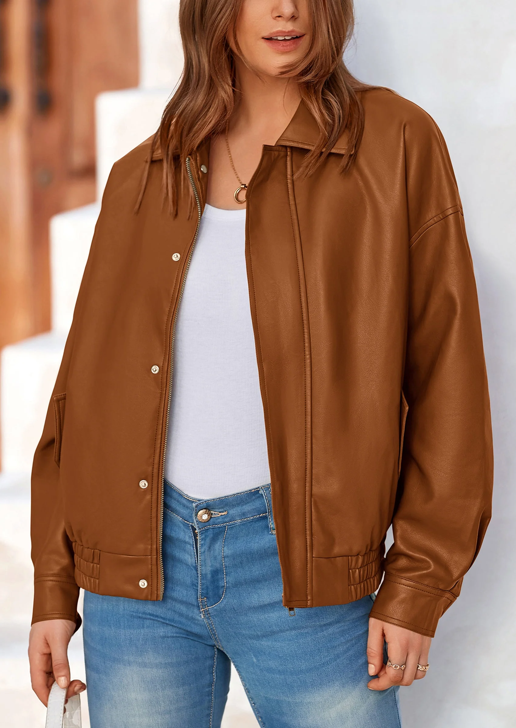 PRETTYGARDEN Women's Faux Leather Motorcycle Jacket Trendy Fall Spring Clothes Oversized Zip Up Winter Coat Outerwear - Image 6