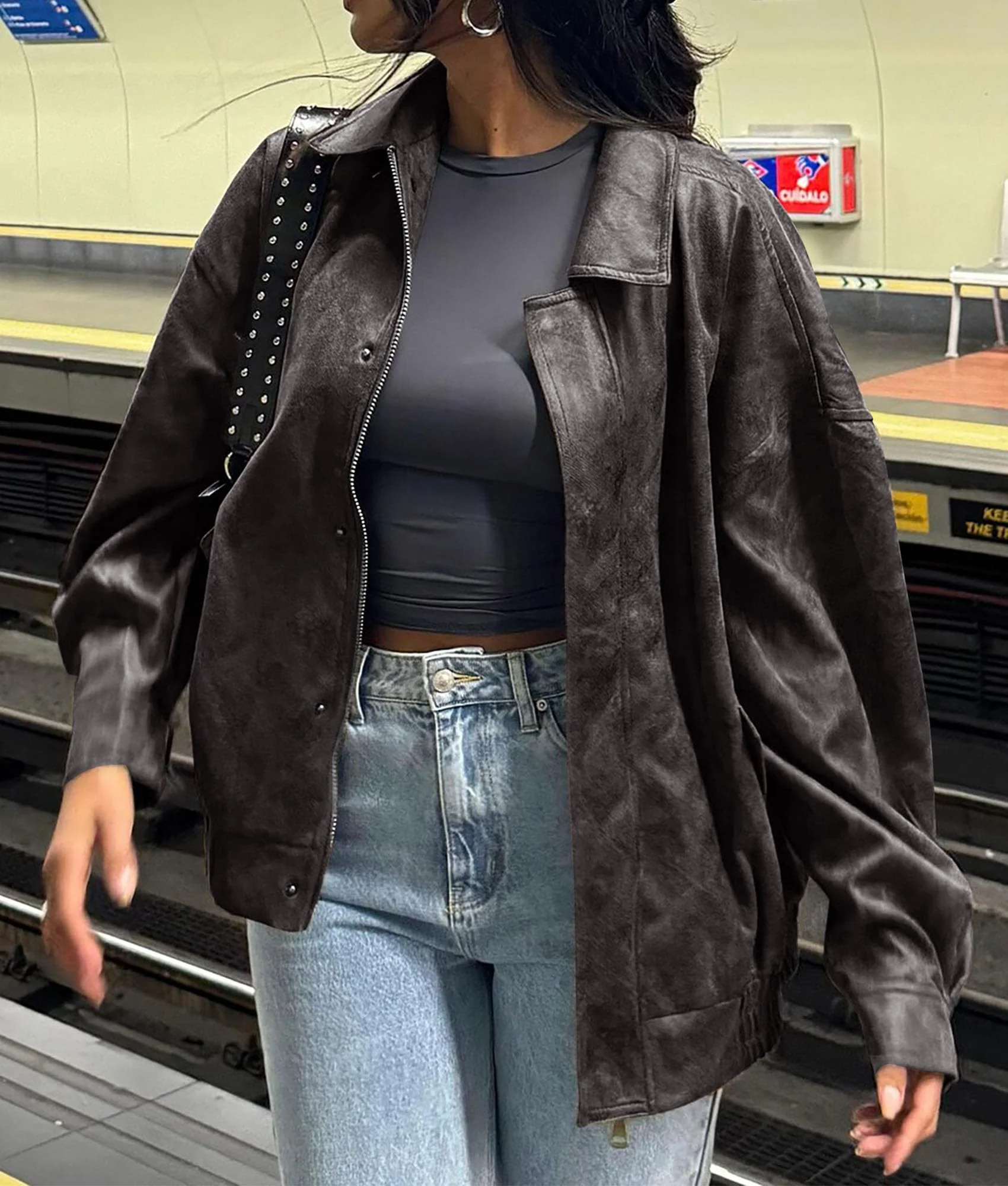 PRETTYGARDEN Women's Faux Leather Motorcycle Jacket Trendy Fall Spring Clothes Oversized Zip Up Winter Coat Outerwear - Image 61