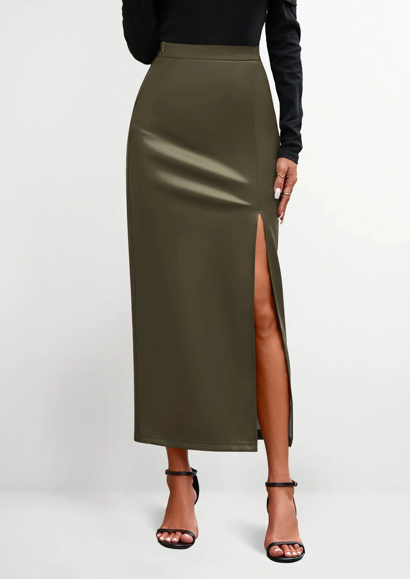 PRETTYGARDEN Womens Faux Leather Skirt Fall Bodycon High Waisted Slit Dressy Casual Winter Maxi Long Pencil Skirts - Image 12