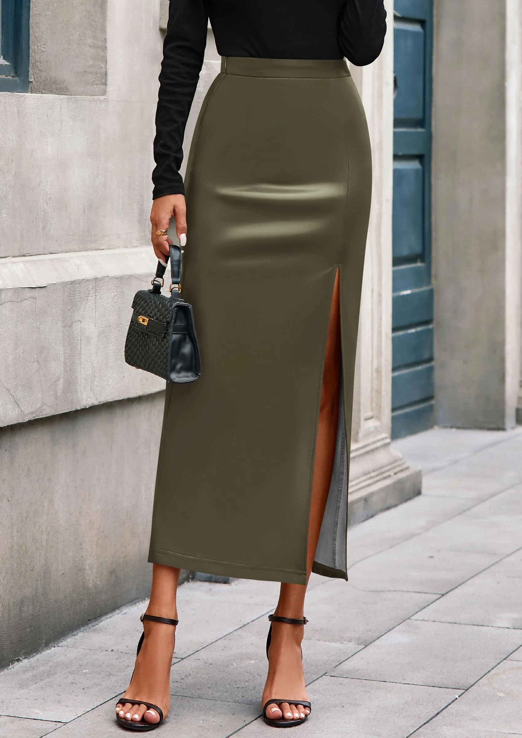 PRETTYGARDEN Womens Faux Leather Skirt Fall Bodycon High Waisted Slit Dressy Casual Winter Maxi Long Pencil Skirts - Image 14