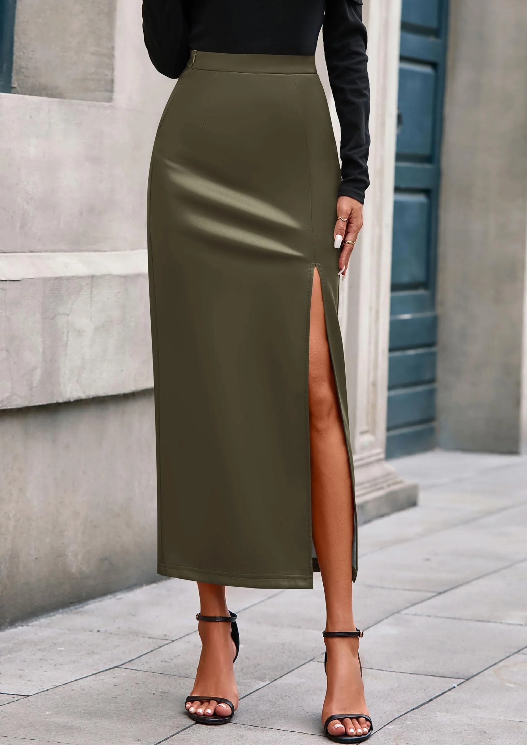 PRETTYGARDEN Womens Faux Leather Skirt Fall Bodycon High Waisted Slit Dressy Casual Winter Maxi Long Pencil Skirts - Image 15
