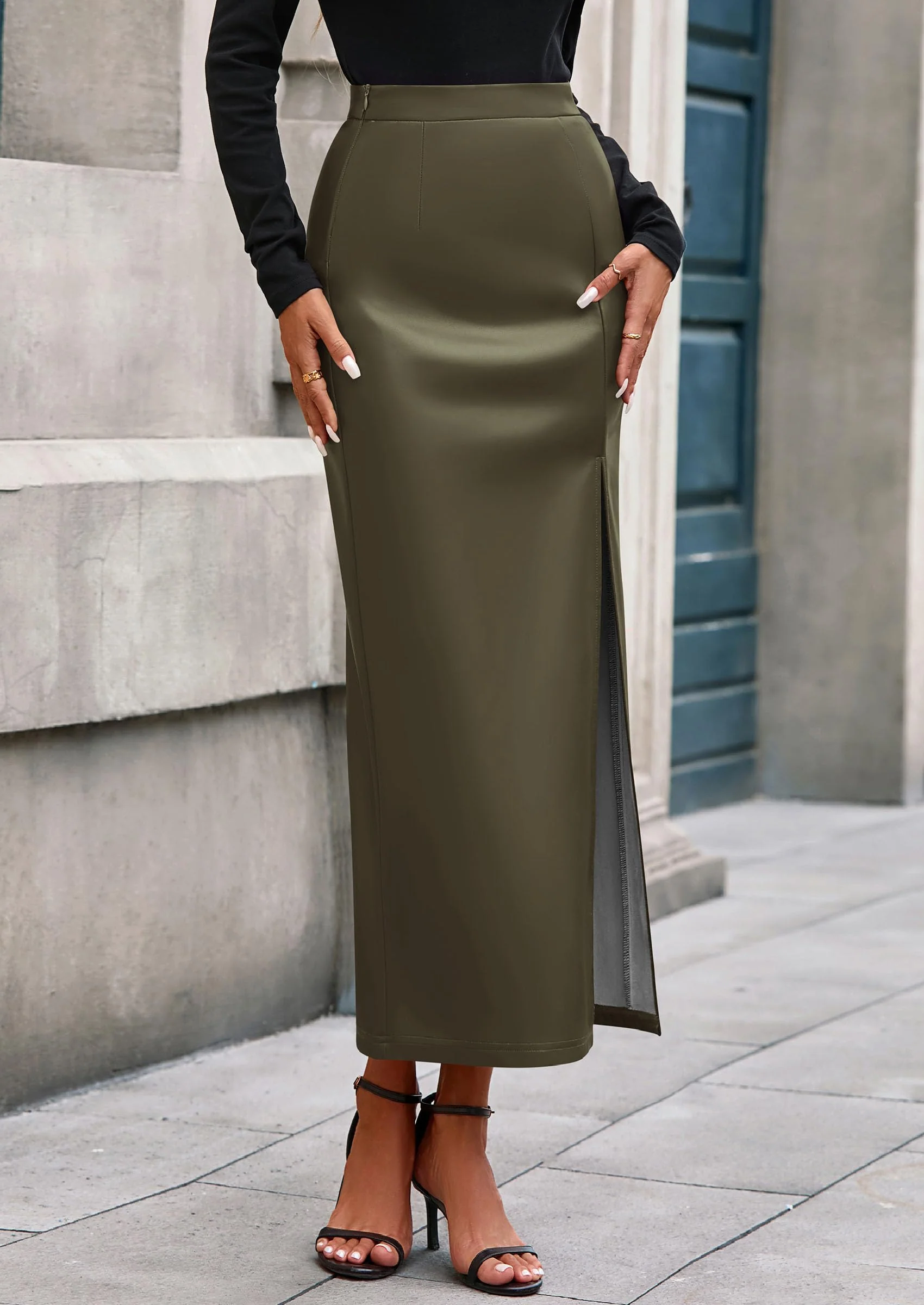 PRETTYGARDEN Womens Faux Leather Skirt Fall Bodycon High Waisted Slit Dressy Casual Winter Maxi Long Pencil Skirts - Image 17