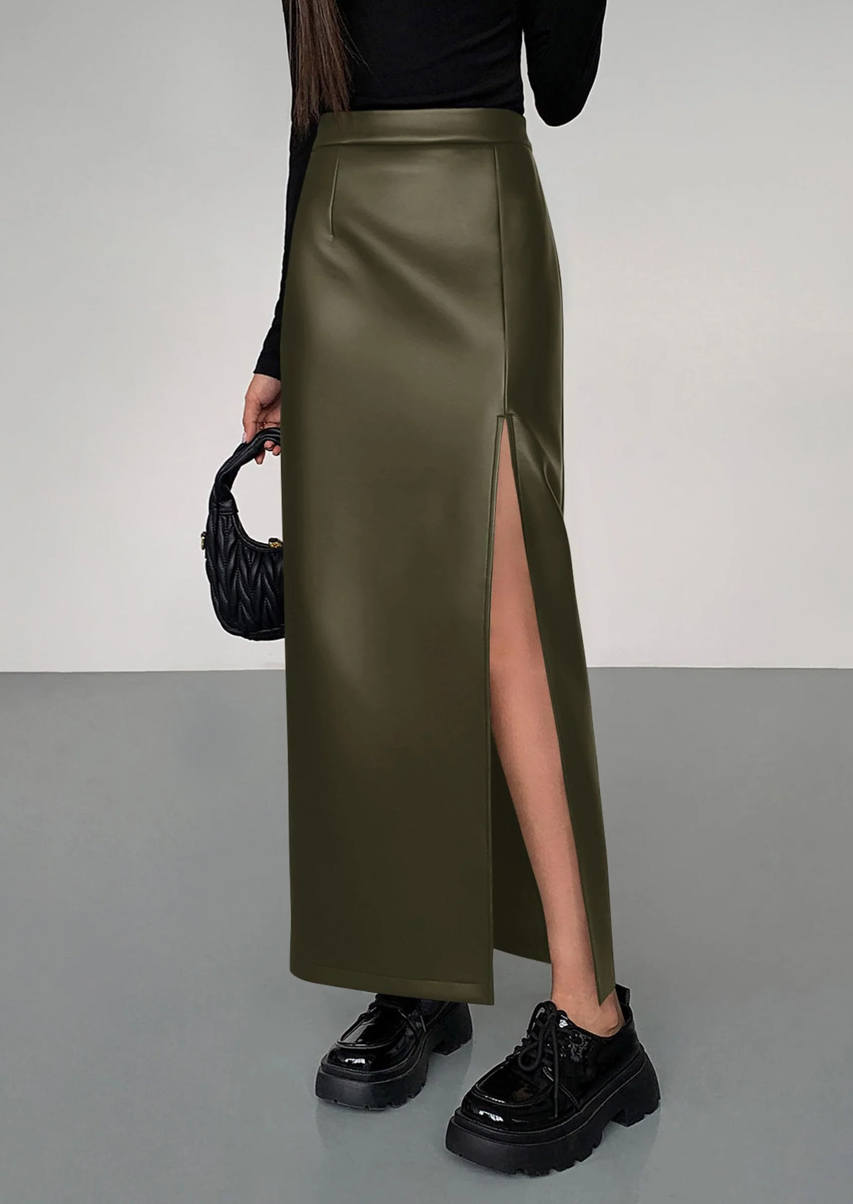 PRETTYGARDEN Womens Faux Leather Skirt Fall Bodycon High Waisted Slit Dressy Casual Winter Maxi Long Pencil Skirts - Image 33