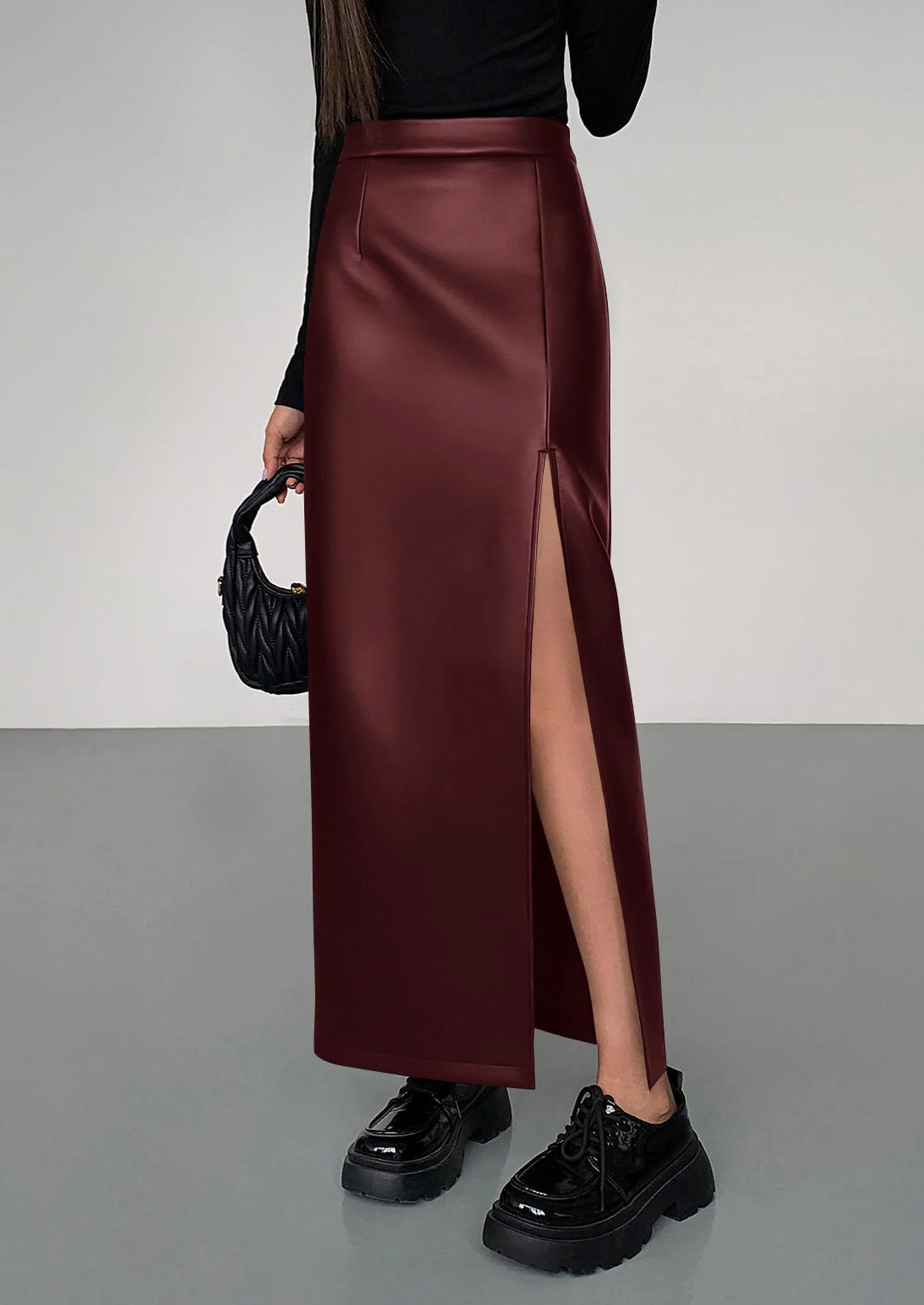 PRETTYGARDEN Womens Faux Leather Skirt Fall Bodycon High Waisted Slit Dressy Casual Winter Maxi Long Pencil Skirts - Image 4