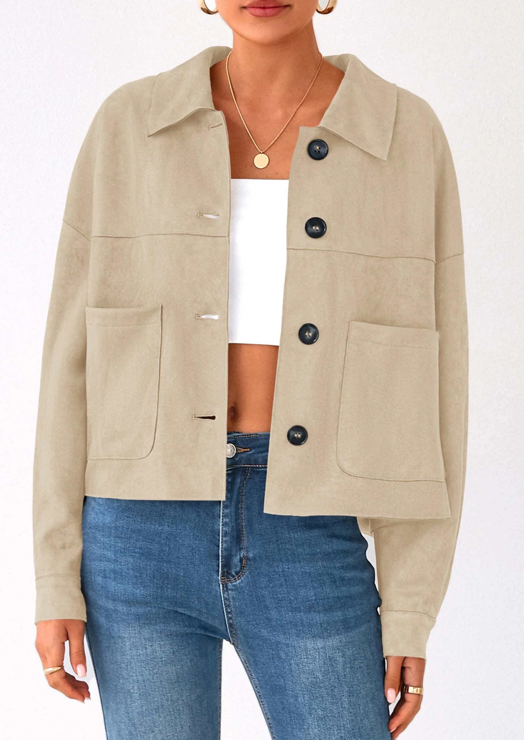 PRETTYGARDEN Women's Faux Suede Cropped Jacket Casual Lightweight Fall Fashion Winter Coats Outerwear Trendy Clothes - Image 19