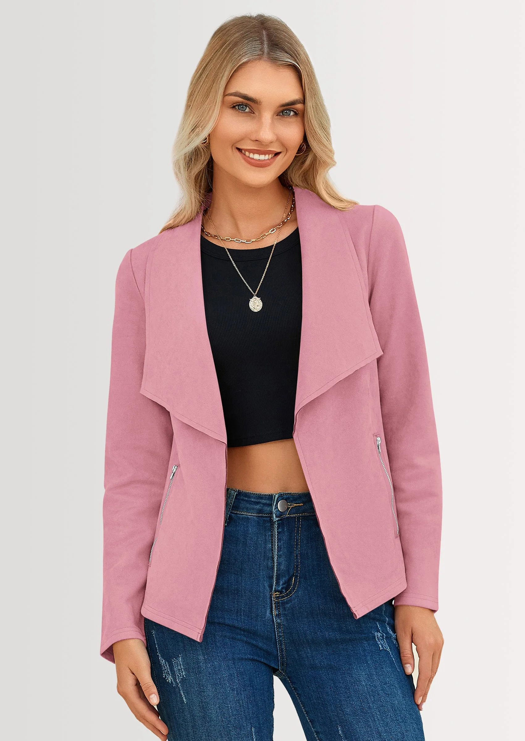 PRETTYGARDEN Women's Faux Suede Jackets Fashion Fall Clothes Long Sleeve Open Front Cropped Coat Outwear - Image 16