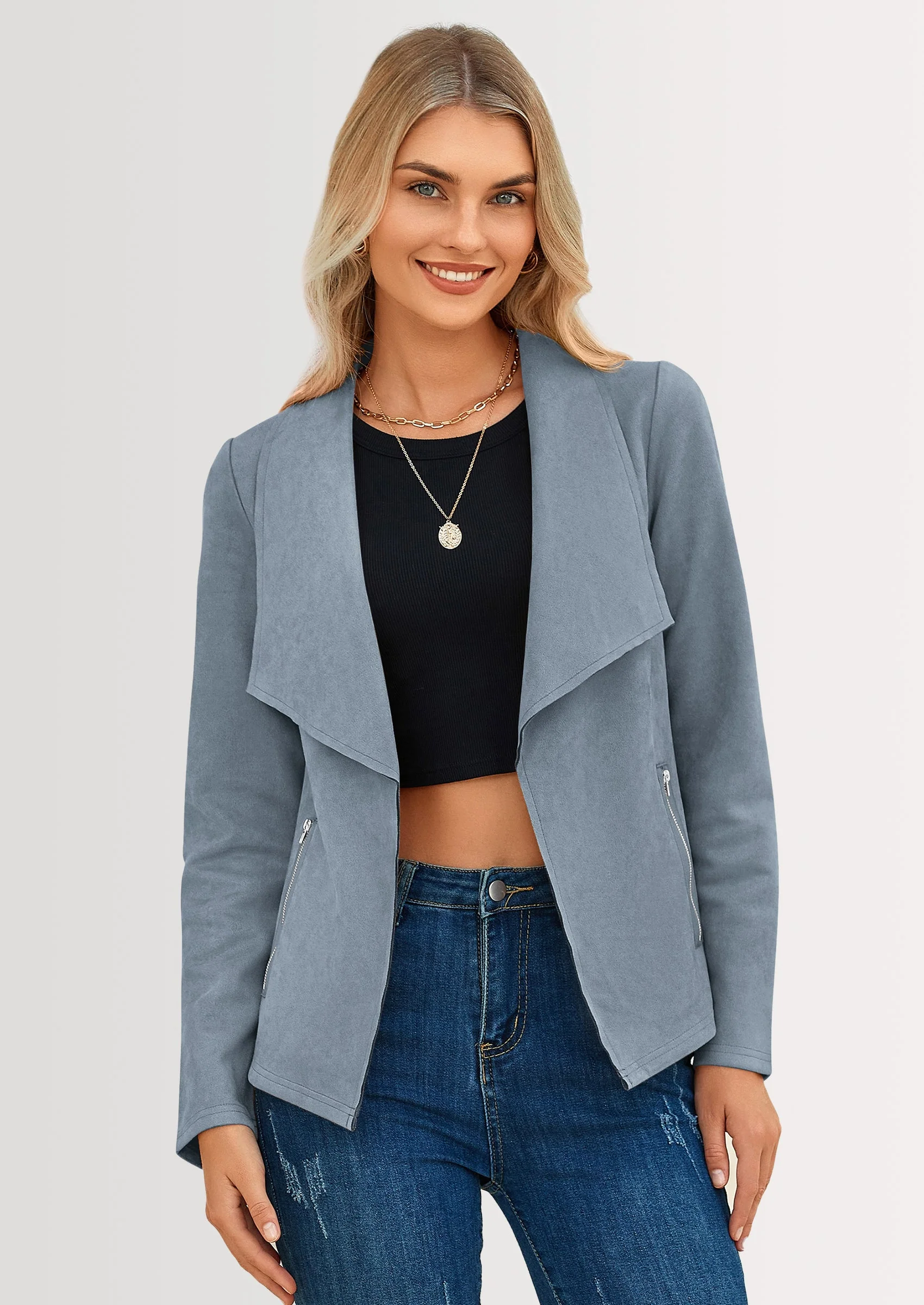 PRETTYGARDEN Women's Faux Suede Jackets Fashion Fall Clothes Long Sleeve Open Front Cropped Coat Outwear - Image 37