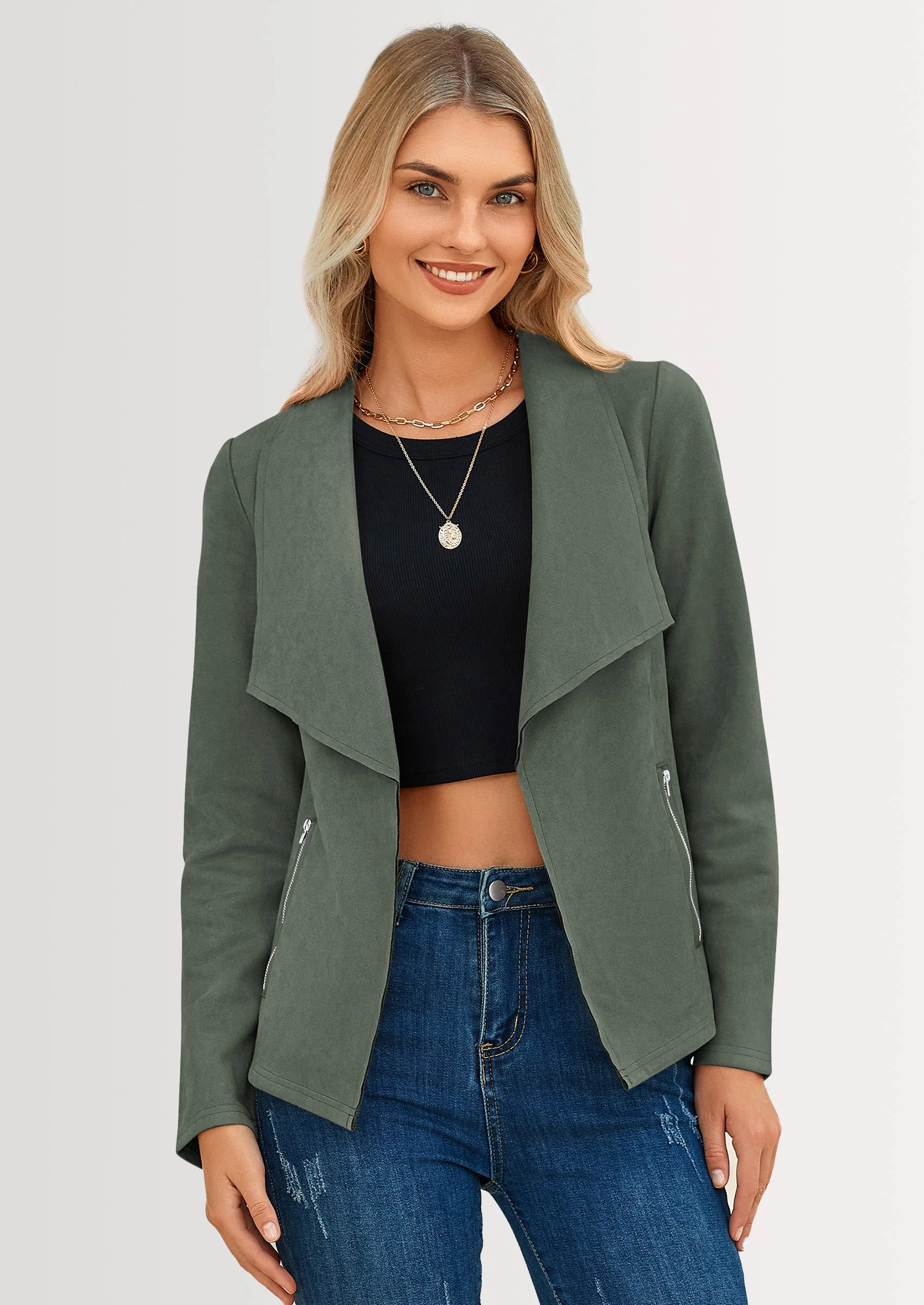 PRETTYGARDEN Women's Faux Suede Jackets Fashion Fall Clothes Long Sleeve Open Front Cropped Coat Outwear - Image 44