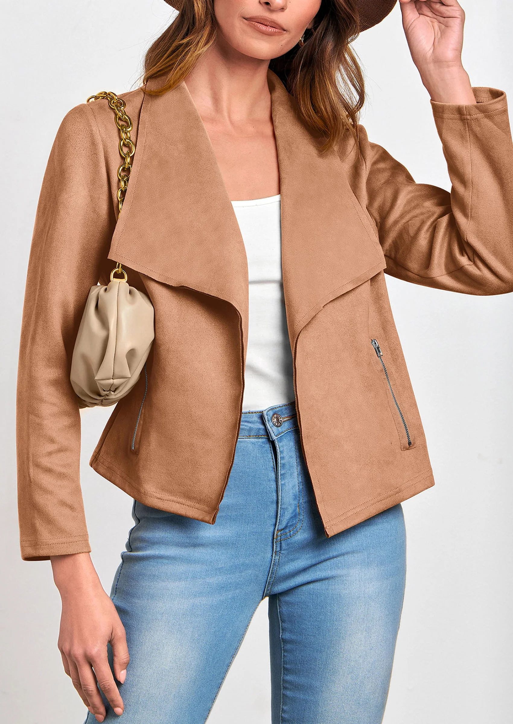 PRETTYGARDEN Women's Faux Suede Jackets Fashion Fall Clothes Long Sleeve Open Front Cropped Coat Outwear - Image 7