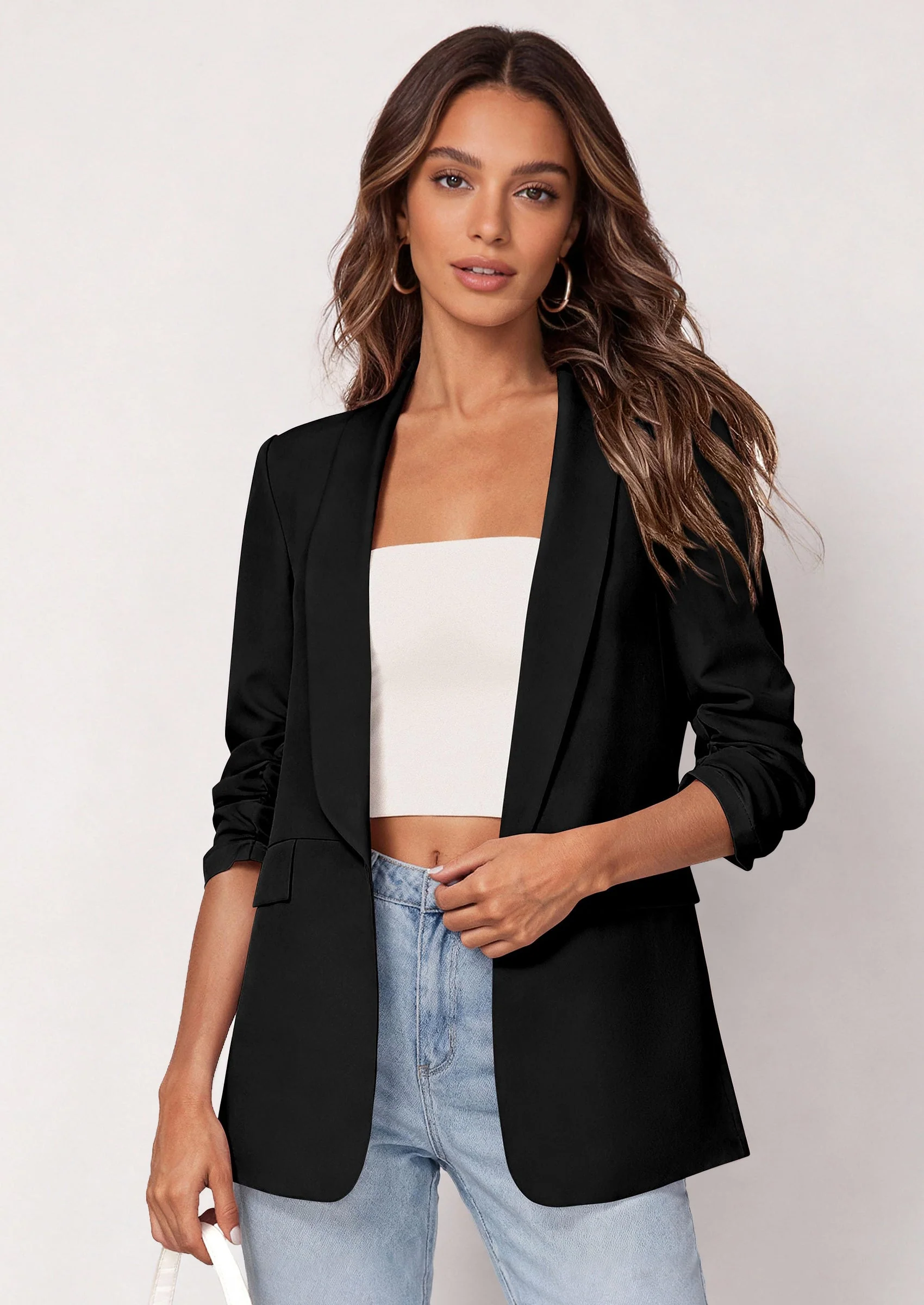 PRETTYGARDEN Women's Spring Blazers Business Casual Outfits Open Front Ruched 3/4 Sleeve Lightweight Work Suits Jackets - Image 14