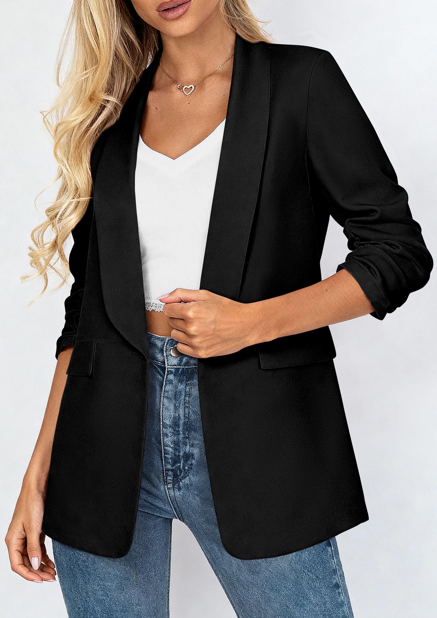 PRETTYGARDEN Women's Spring Blazers Business Casual Outfits Open Front Ruched 3/4 Sleeve Lightweight Work Suits Jackets - Image 19