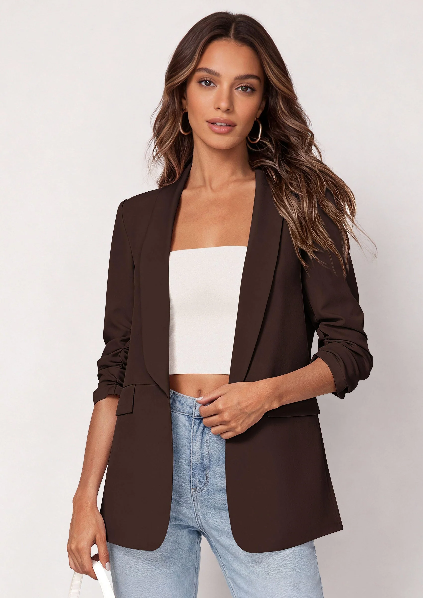 PRETTYGARDEN Women's Spring Blazers Business Casual Outfits Open Front Ruched 3/4 Sleeve Lightweight Work Suits Jackets - Image 20